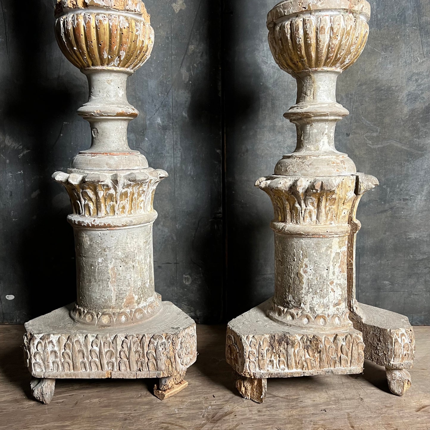 Pair of Tall Carved Painted Italian Altar Candlesticks Late 17th/Early 18th Century