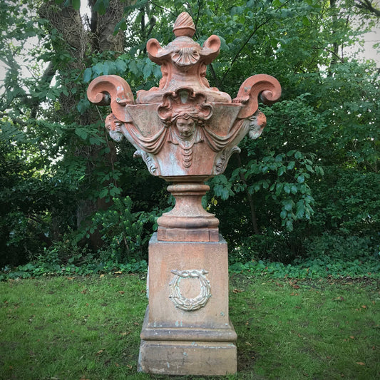 Allegorical Italian Terracotta Urn and Plinth