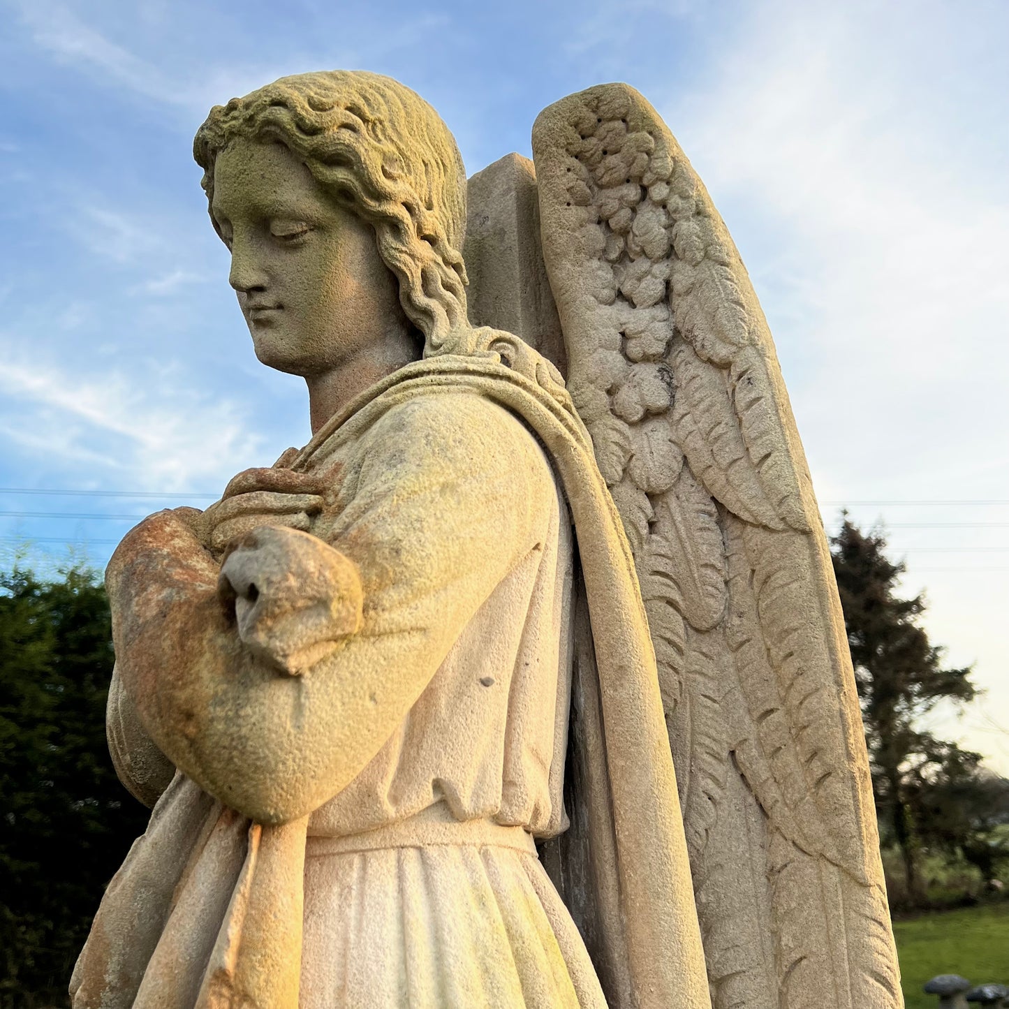 French Limestone Carved Angel Late 19th Century