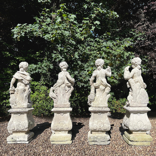 French Limestone Four Seasons Statues with Plinths c. Late 17th/Early 18th Century