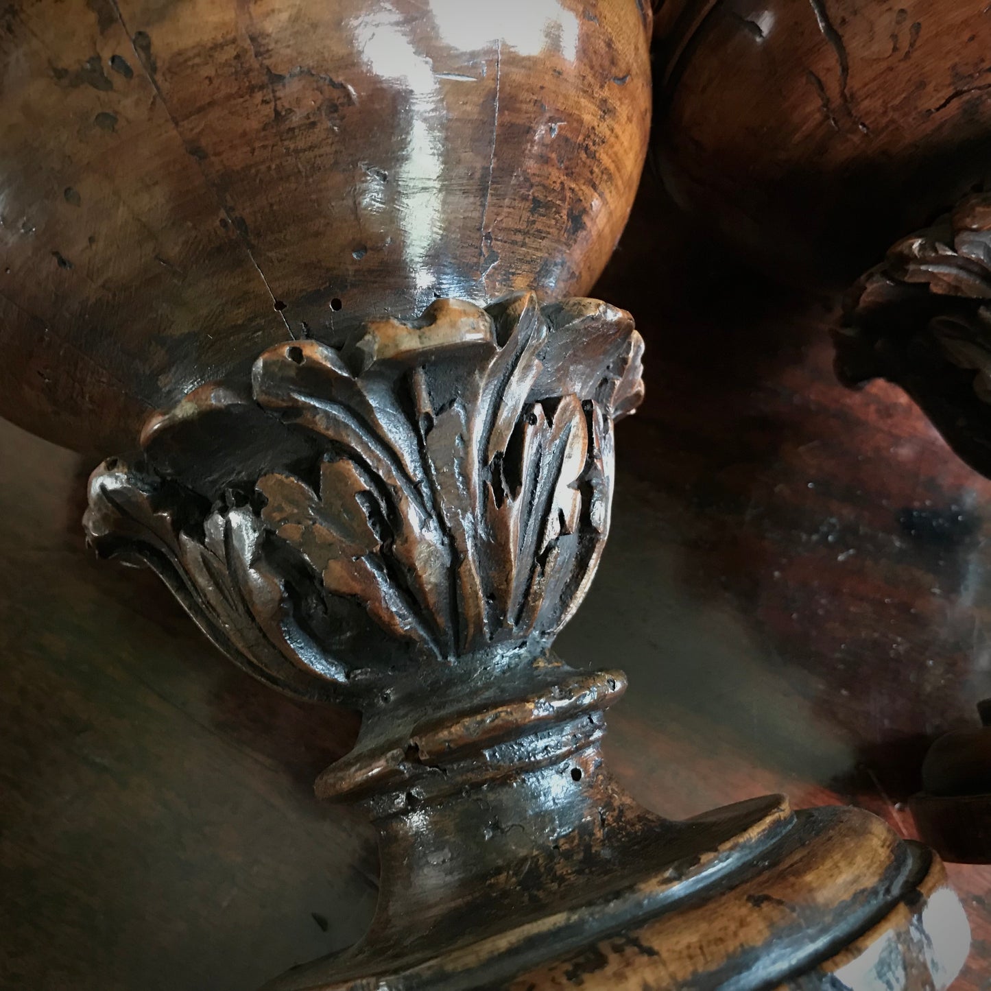 A Pair of Rare 16th Century Italian Renaissance Turned Walnut Altar Vases