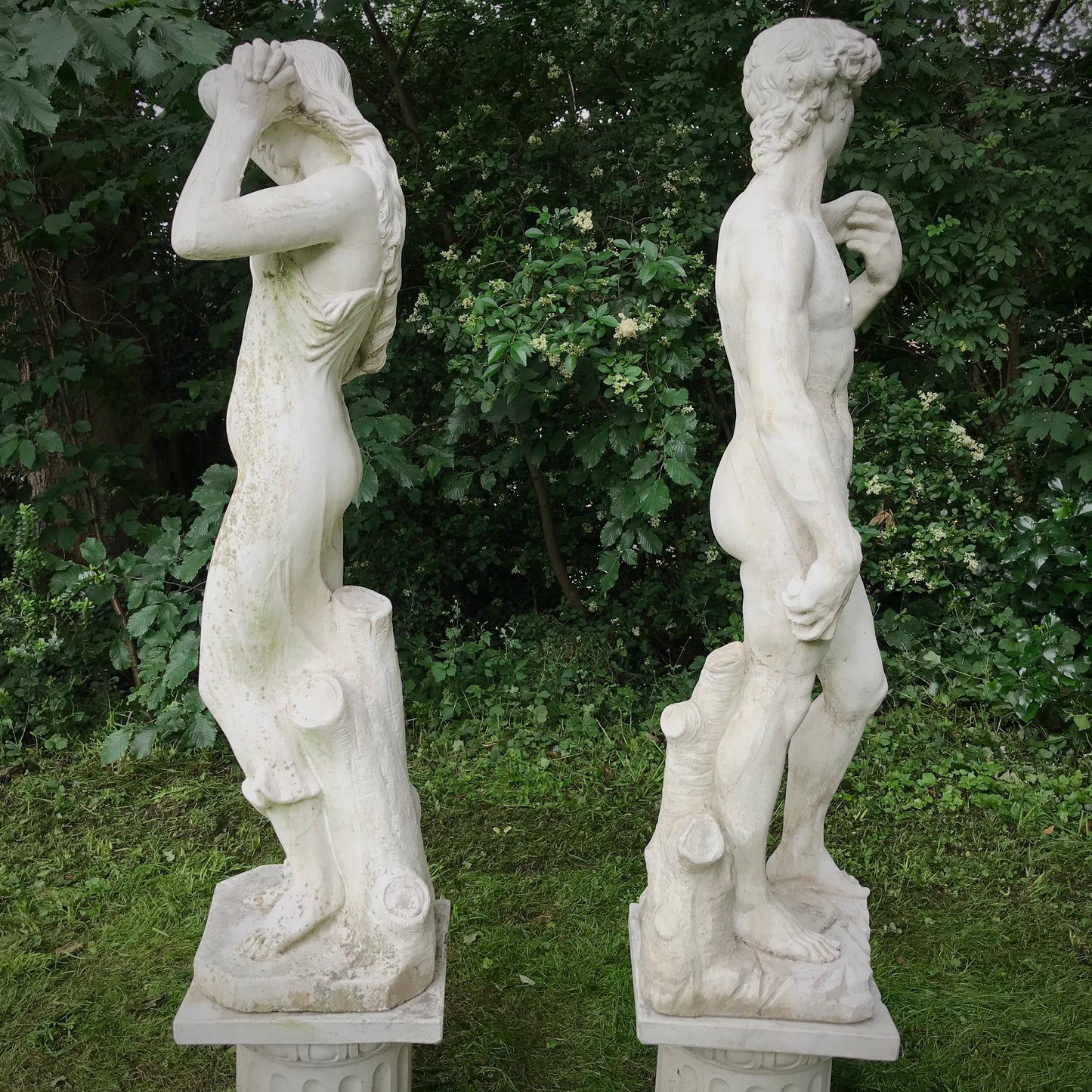 David and Shy Maiden Statue Pair on Columns