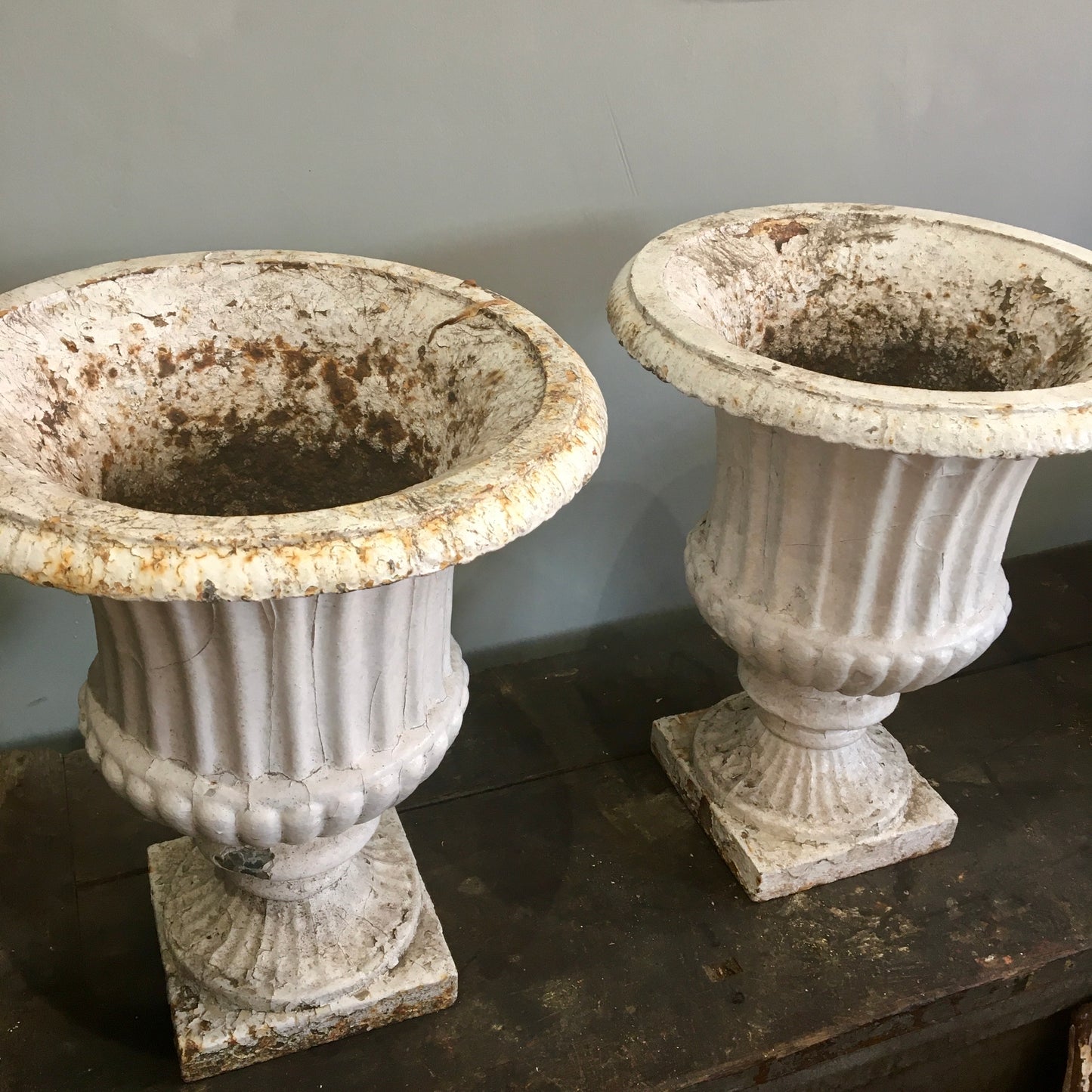 Pair of Victorian Cast Iron Fluted Urns