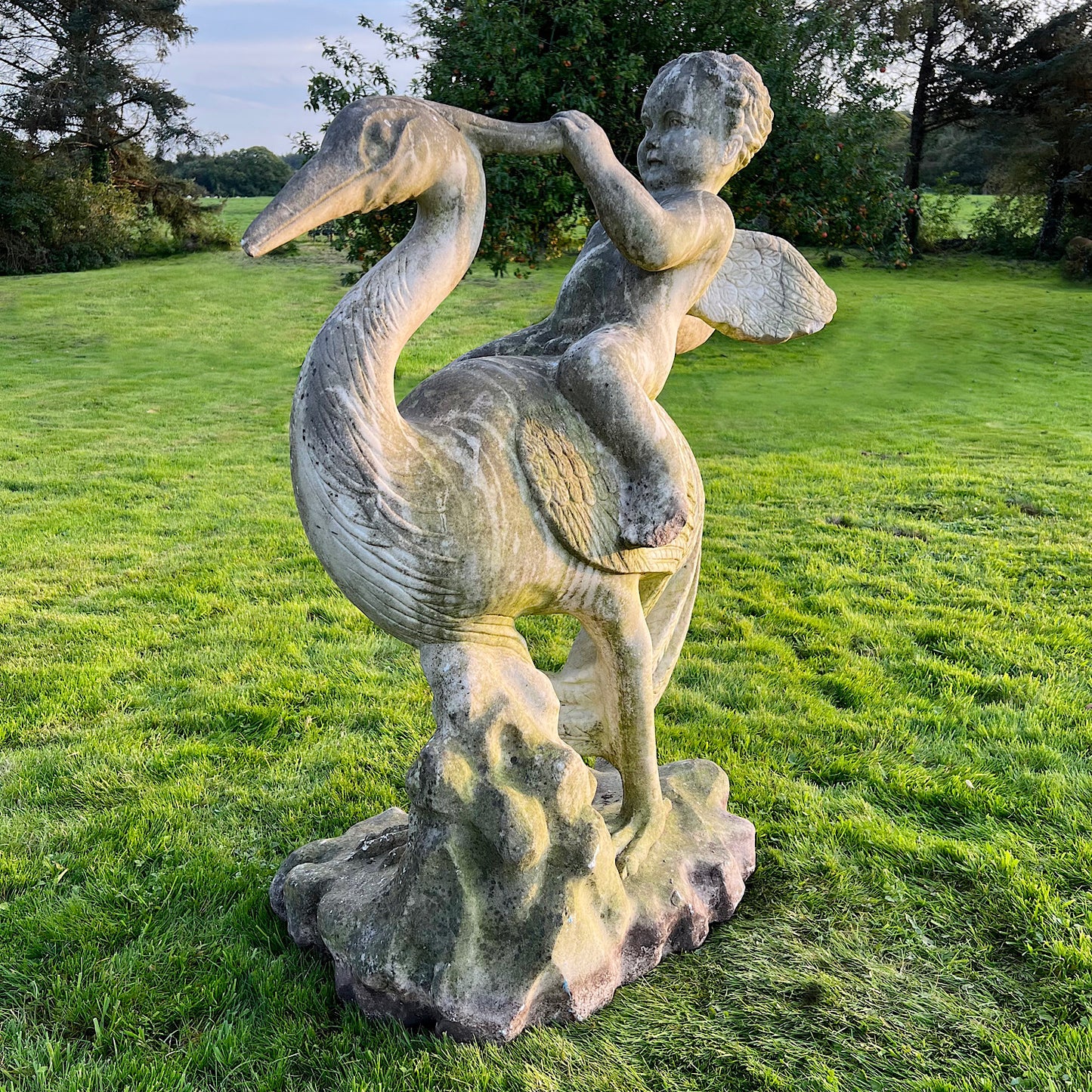 Large Marble Winged Cupid & Stork Statue Mid 20th Century