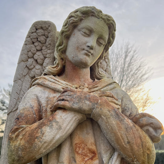 French Limestone Carved Angel Late 19th Century