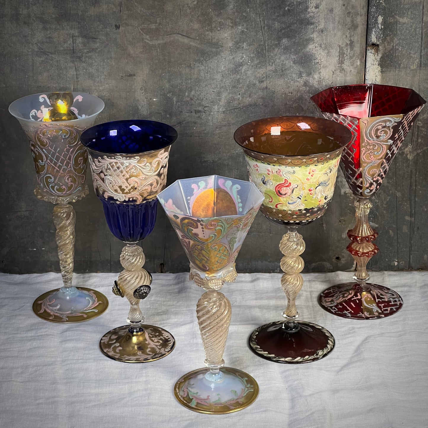 Stunning Collection of Five Venetian Murano Goblets