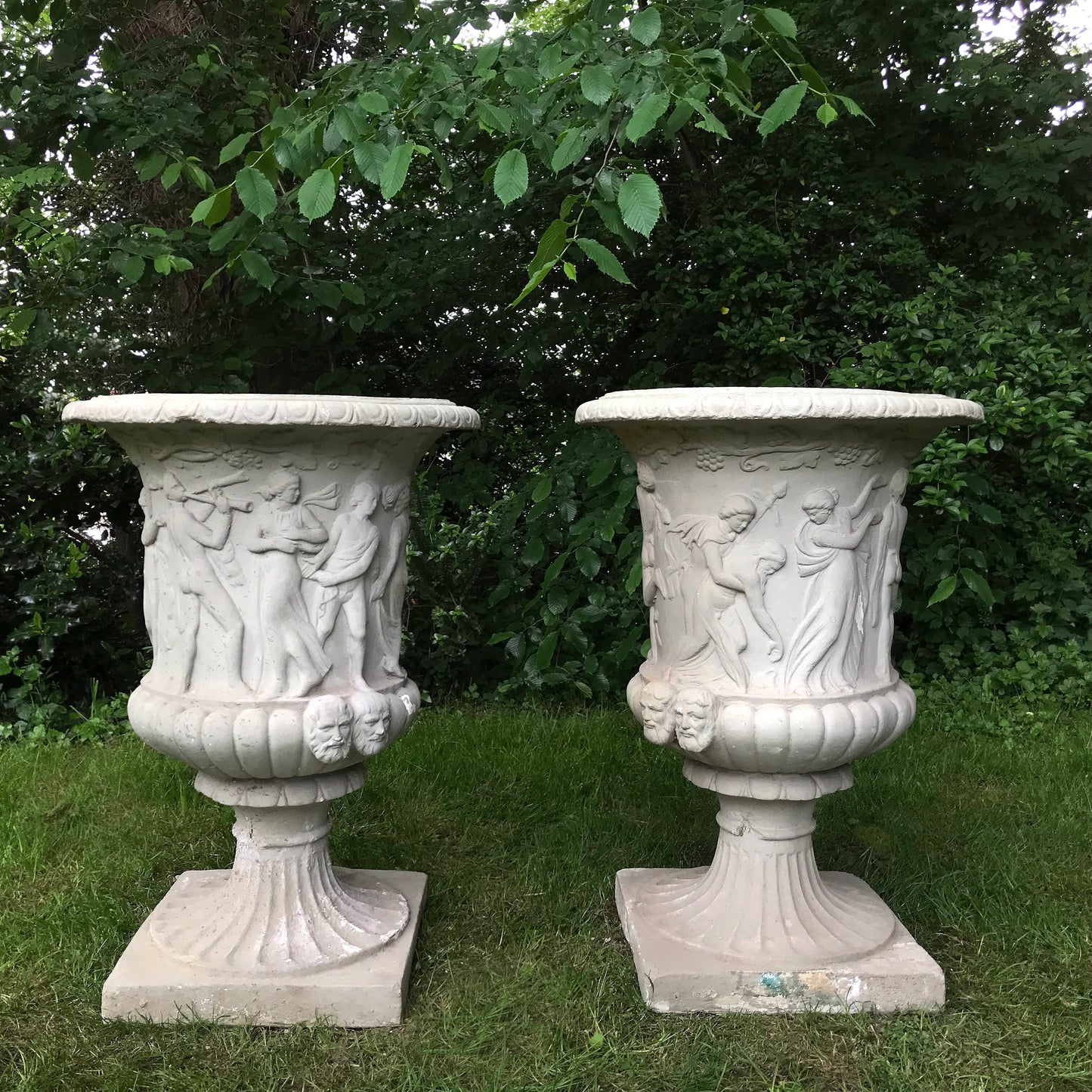 Large Pair of “Medici” Classical Urns in Composition Marble De Latte
