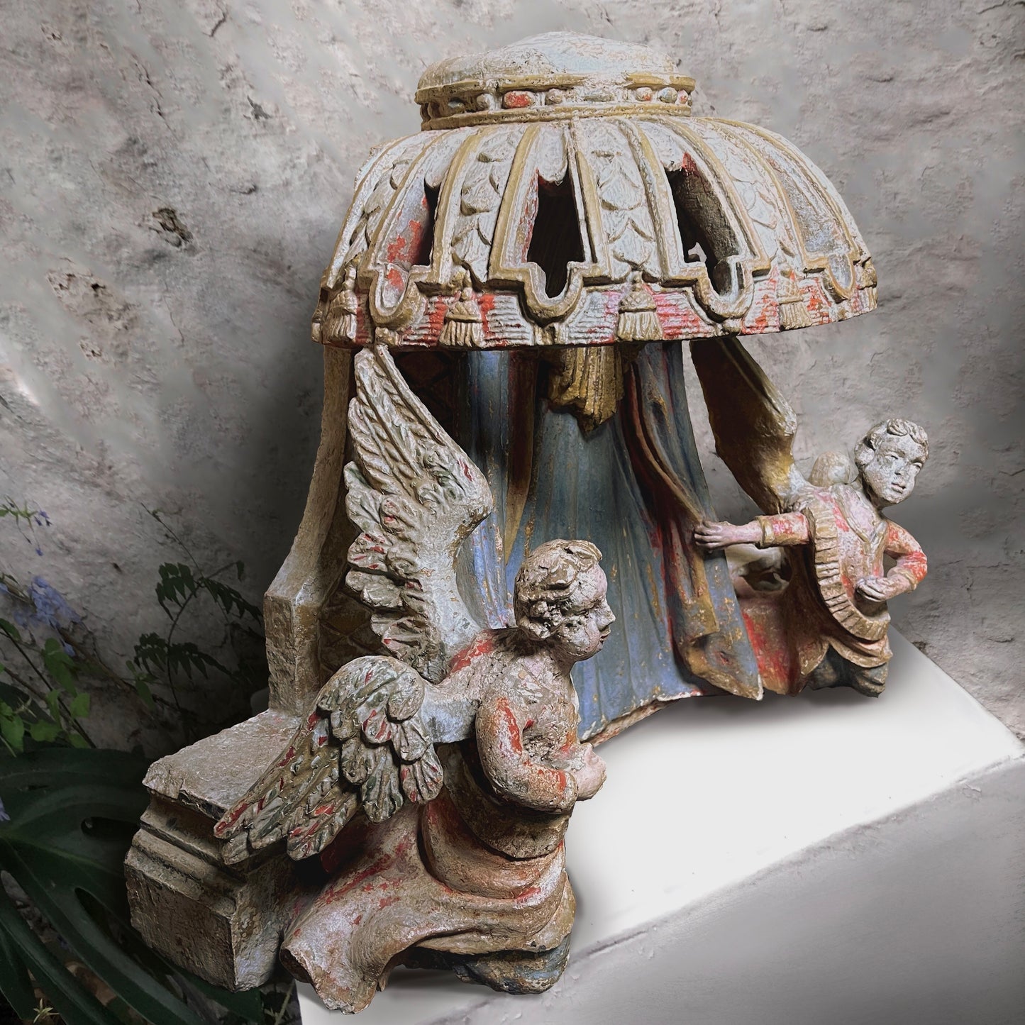 Italian Baroque Carved Stone and Polychrome Tabernacle with Angels c.1630