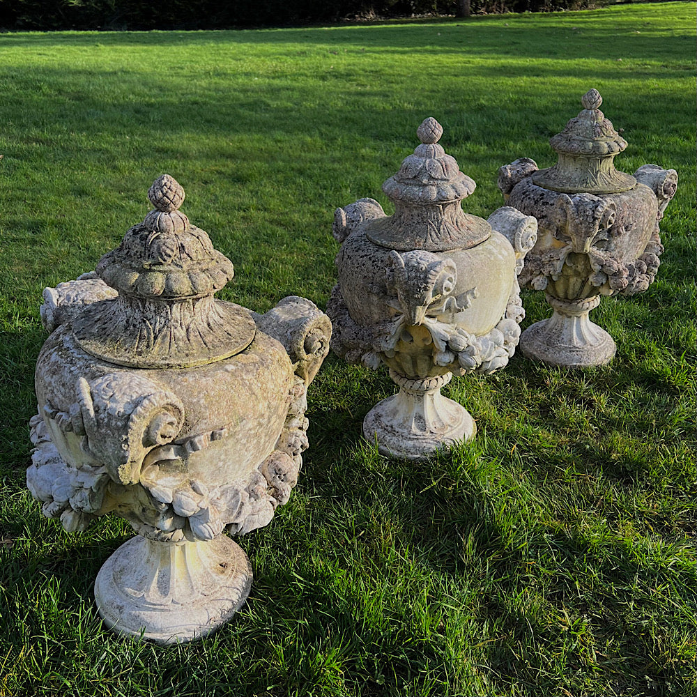 Set of Three Rams Head Urns with Swags