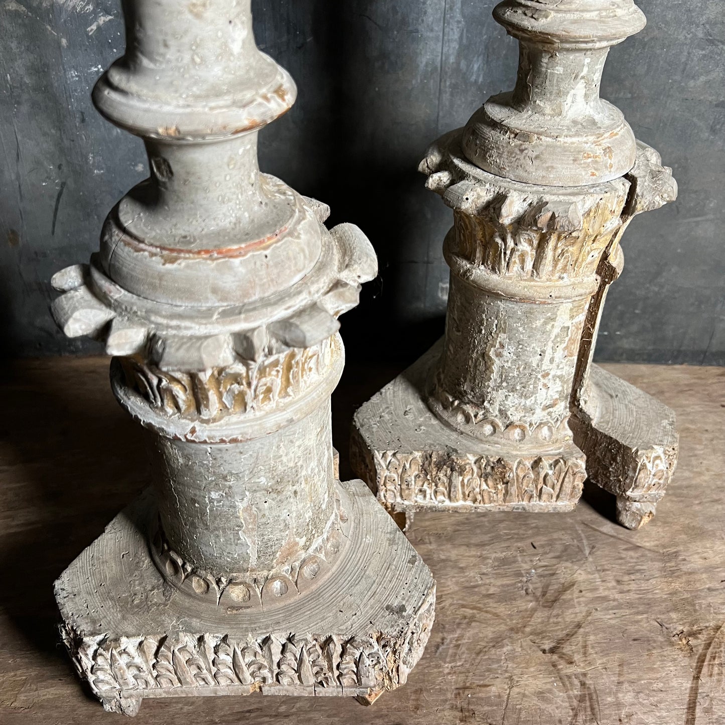 Pair of Tall Carved Painted Italian Altar Candlesticks Late 17th/Early 18th Century