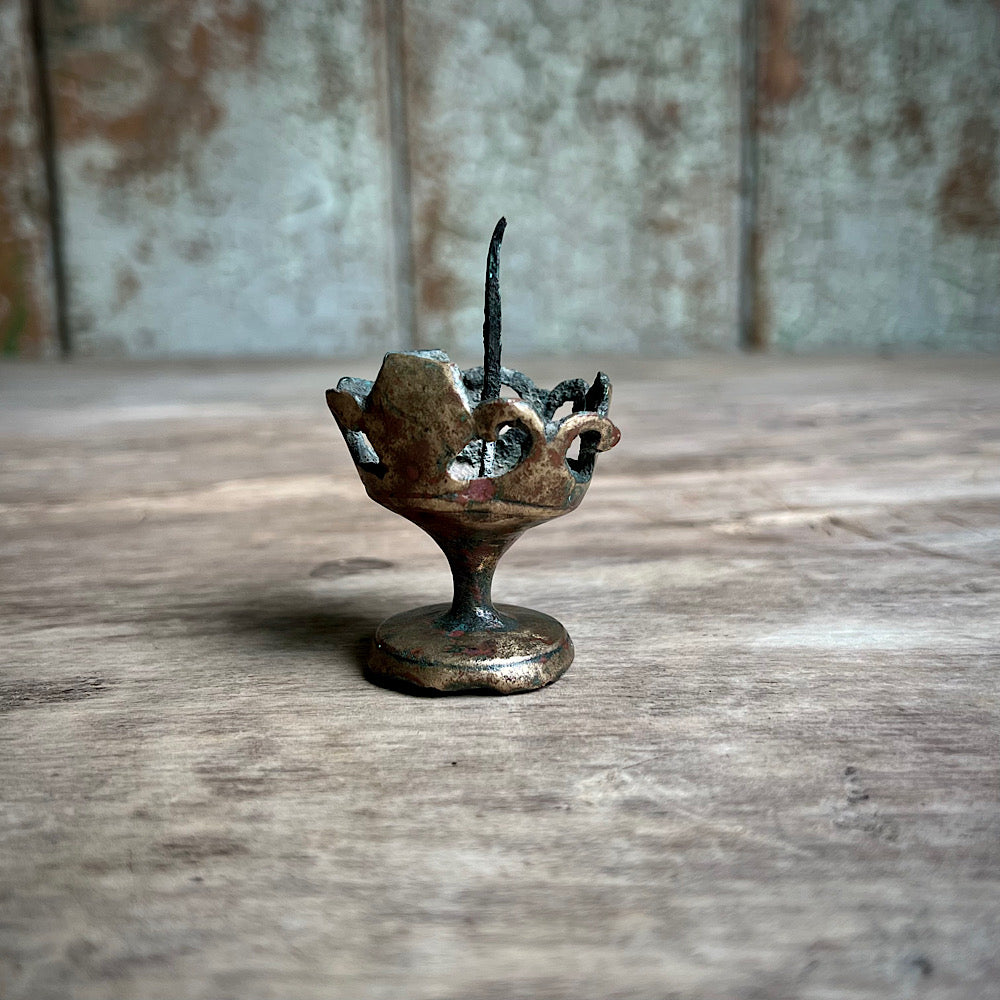 A Tiny 14th Century Gilt Bronze Pricket Travelling Candlestick