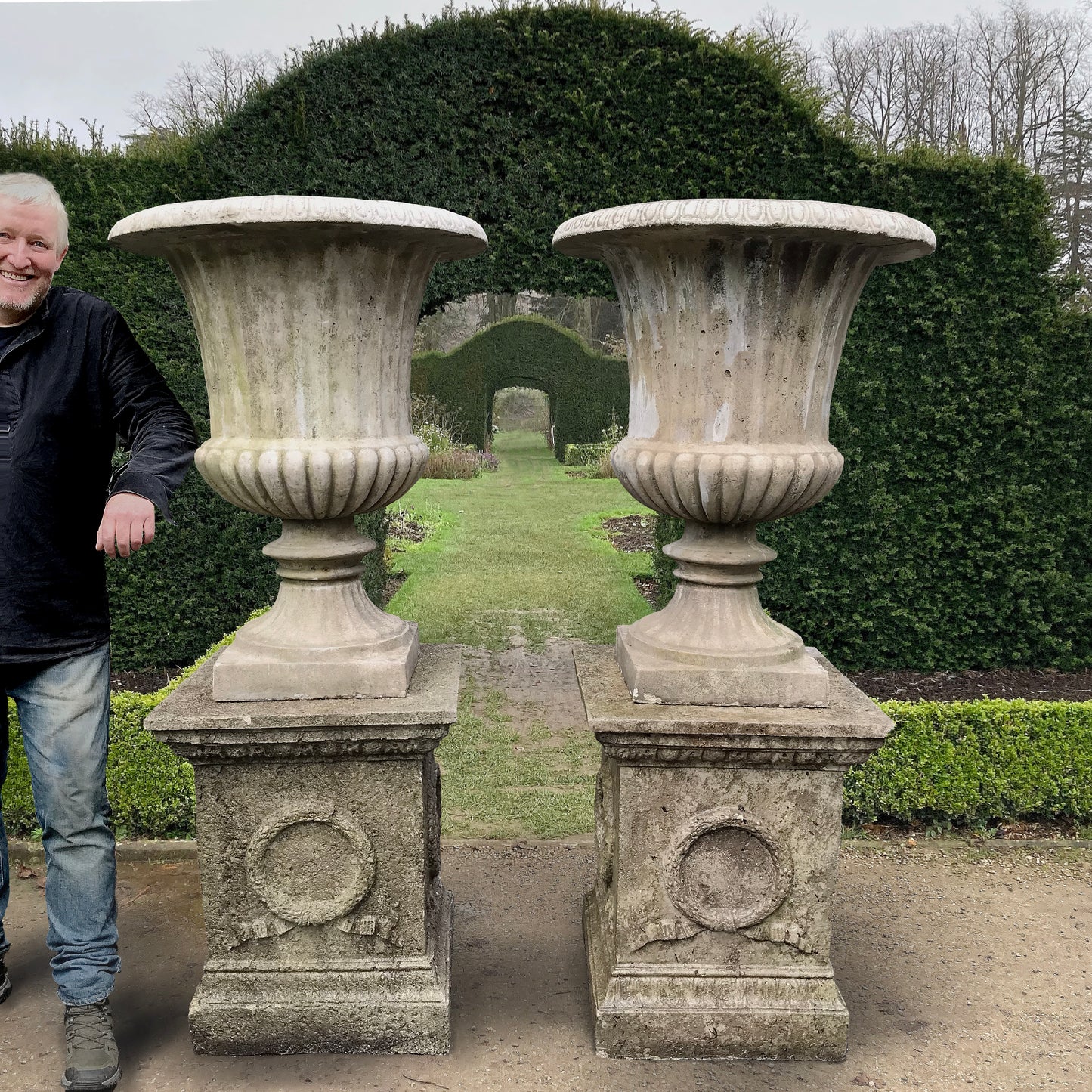 Pair of Monumental Scale Campana Urns with Plinths