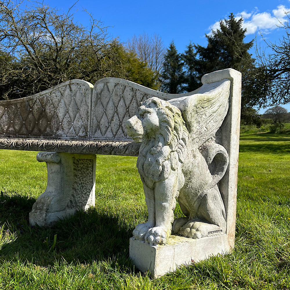 Italian Marble Di Latte Garden Lion Bench