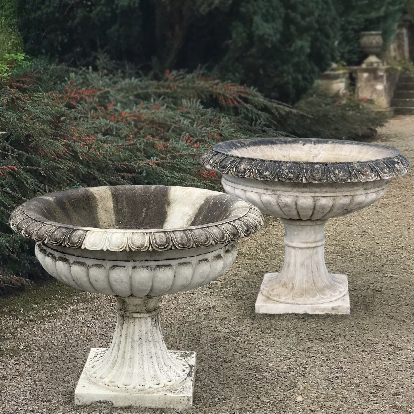 A Pair of Monolithic Carrara Marble Urns Mid 20th Century
