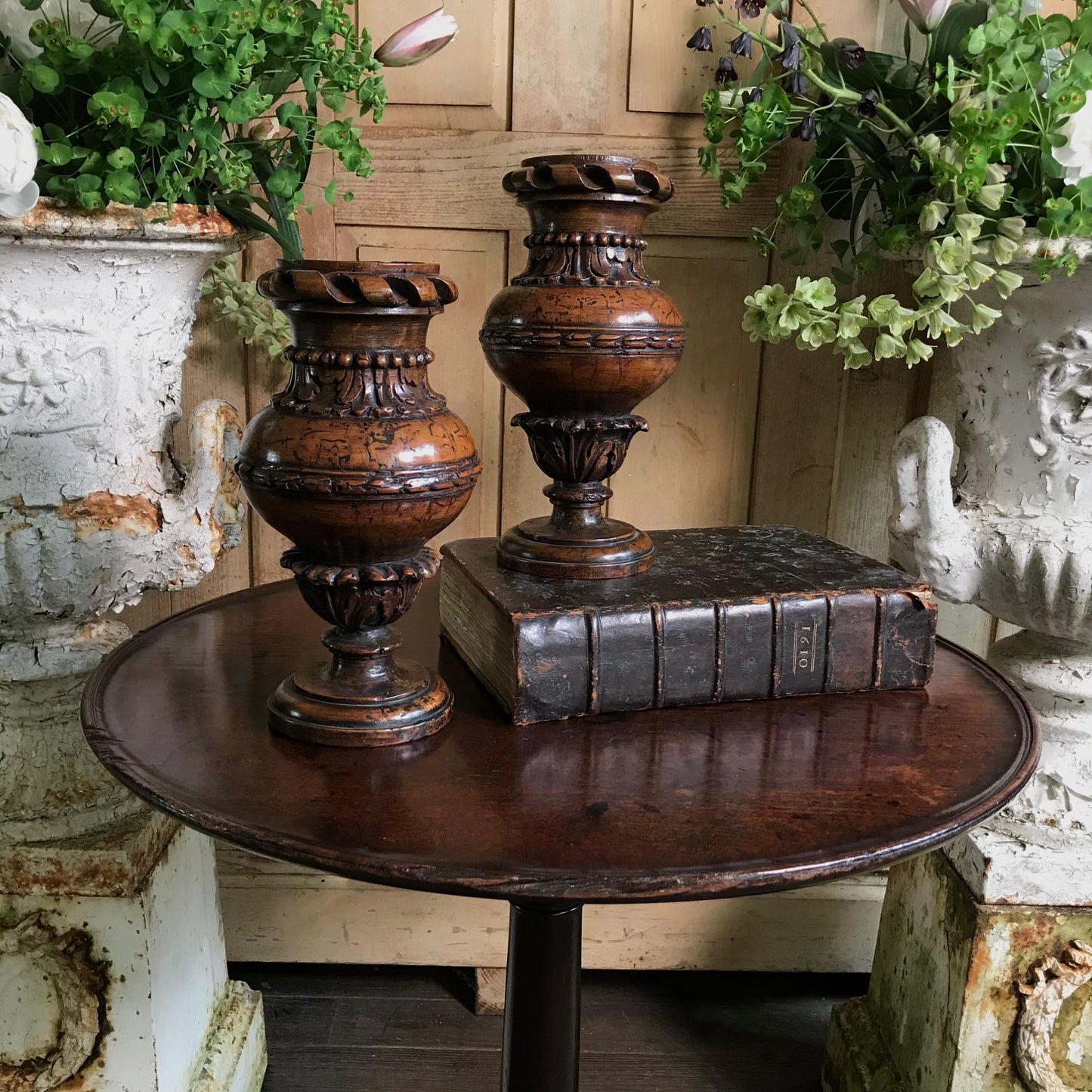 A Pair of Rare 16th Century Italian Renaissance Turned Walnut Altar Vases