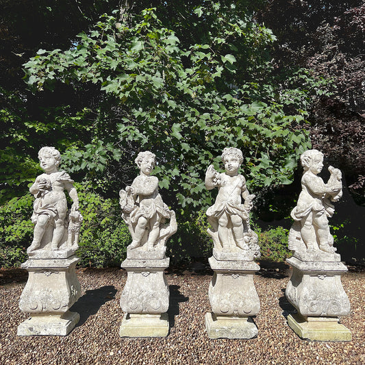 French Limestone Four Seasons Statues with Plinths c. Late 17th/Early 18th Century