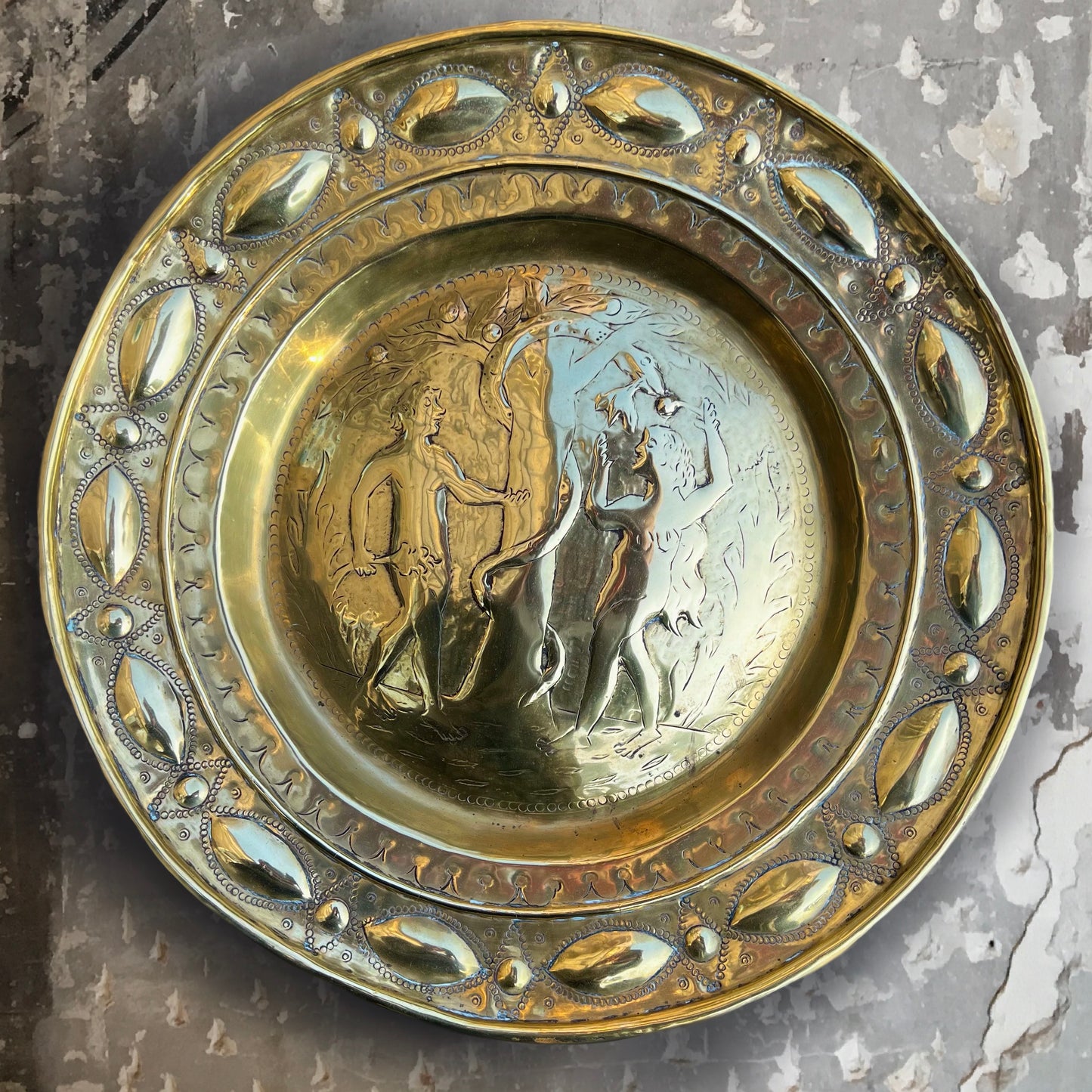 16th Century Garden of Eden Nuremberg Brass Repoussé Alms Dish