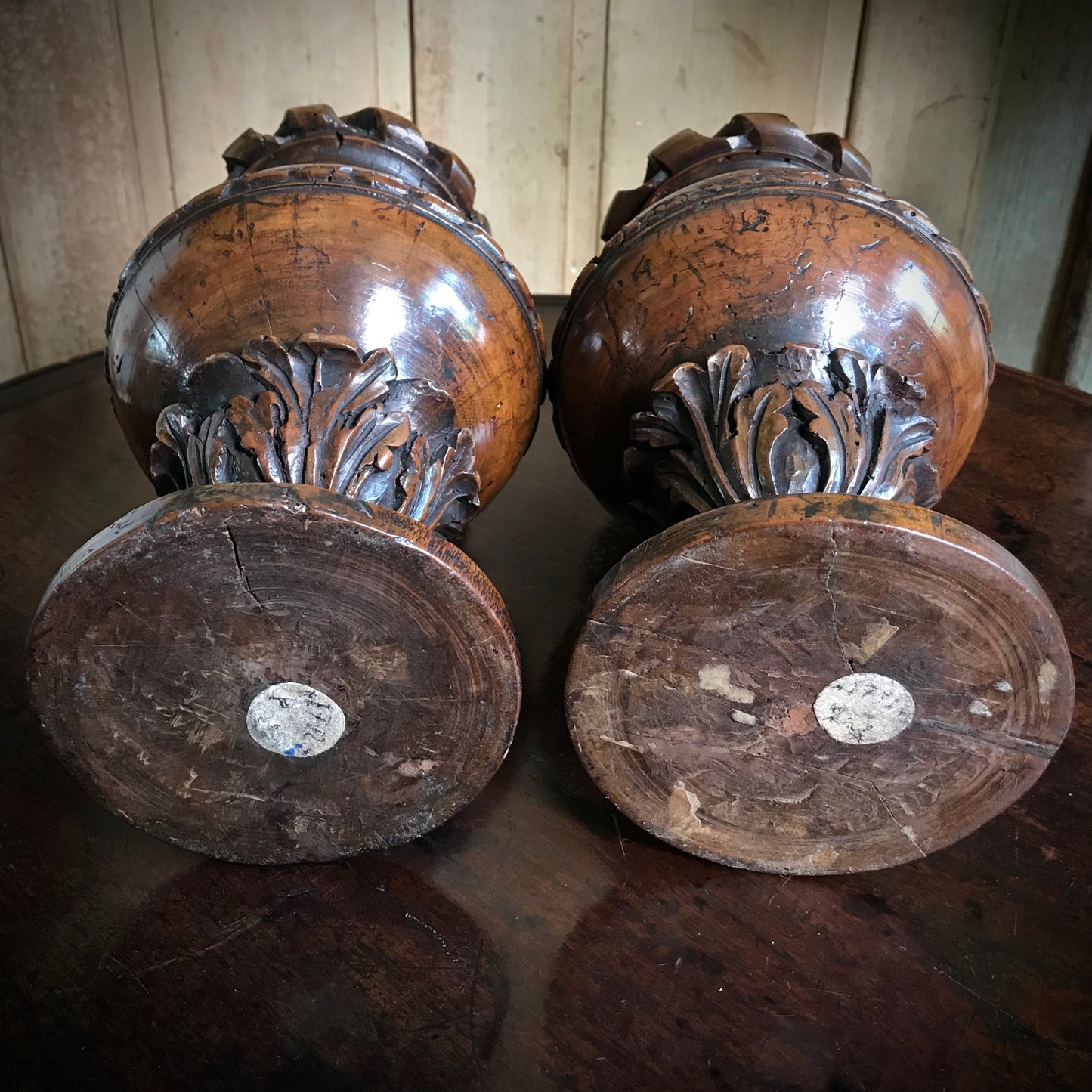 A Pair of Rare 16th Century Italian Renaissance Turned Walnut Altar Vases