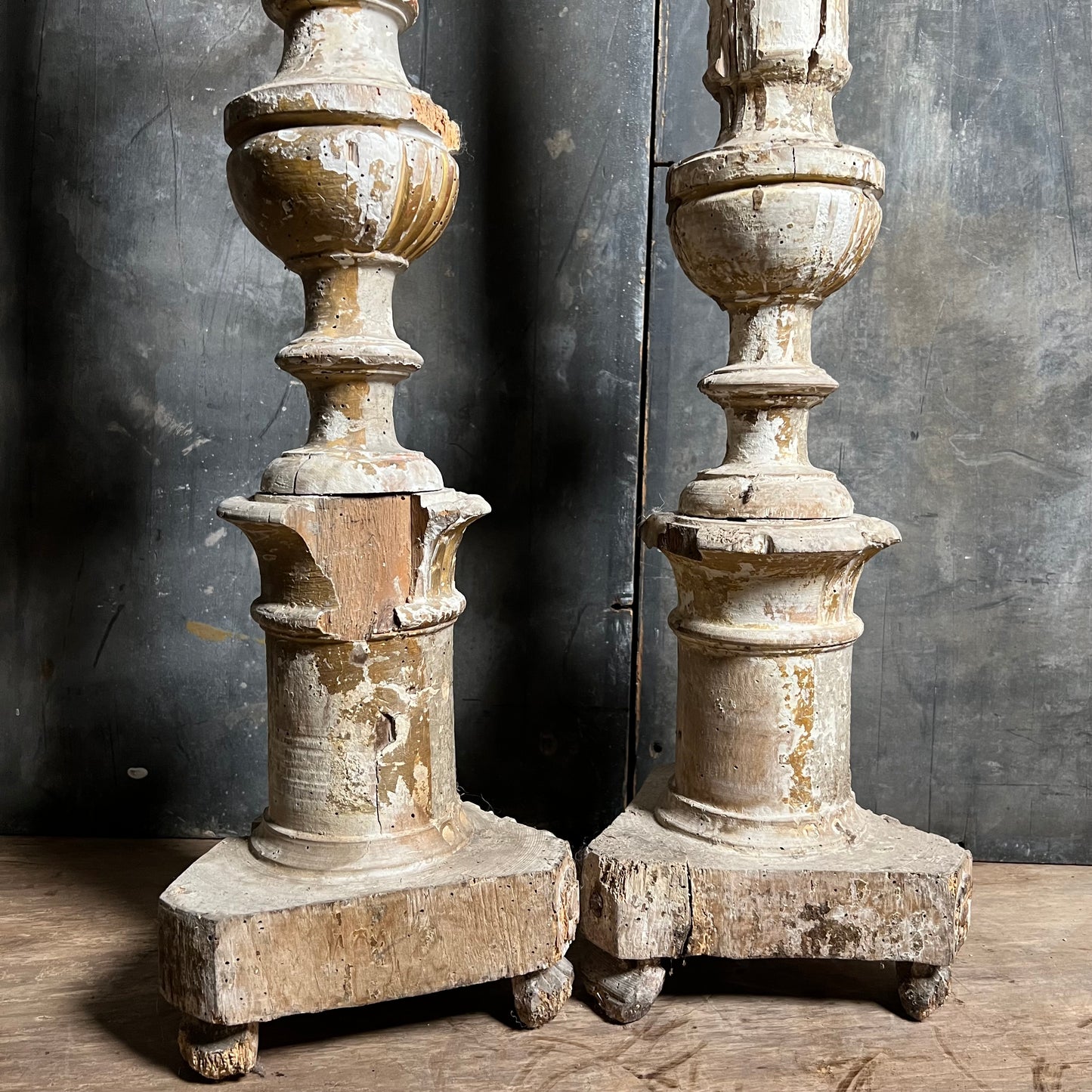 Pair of Tall Carved Painted Italian Altar Candlesticks Late 17th/Early 18th Century