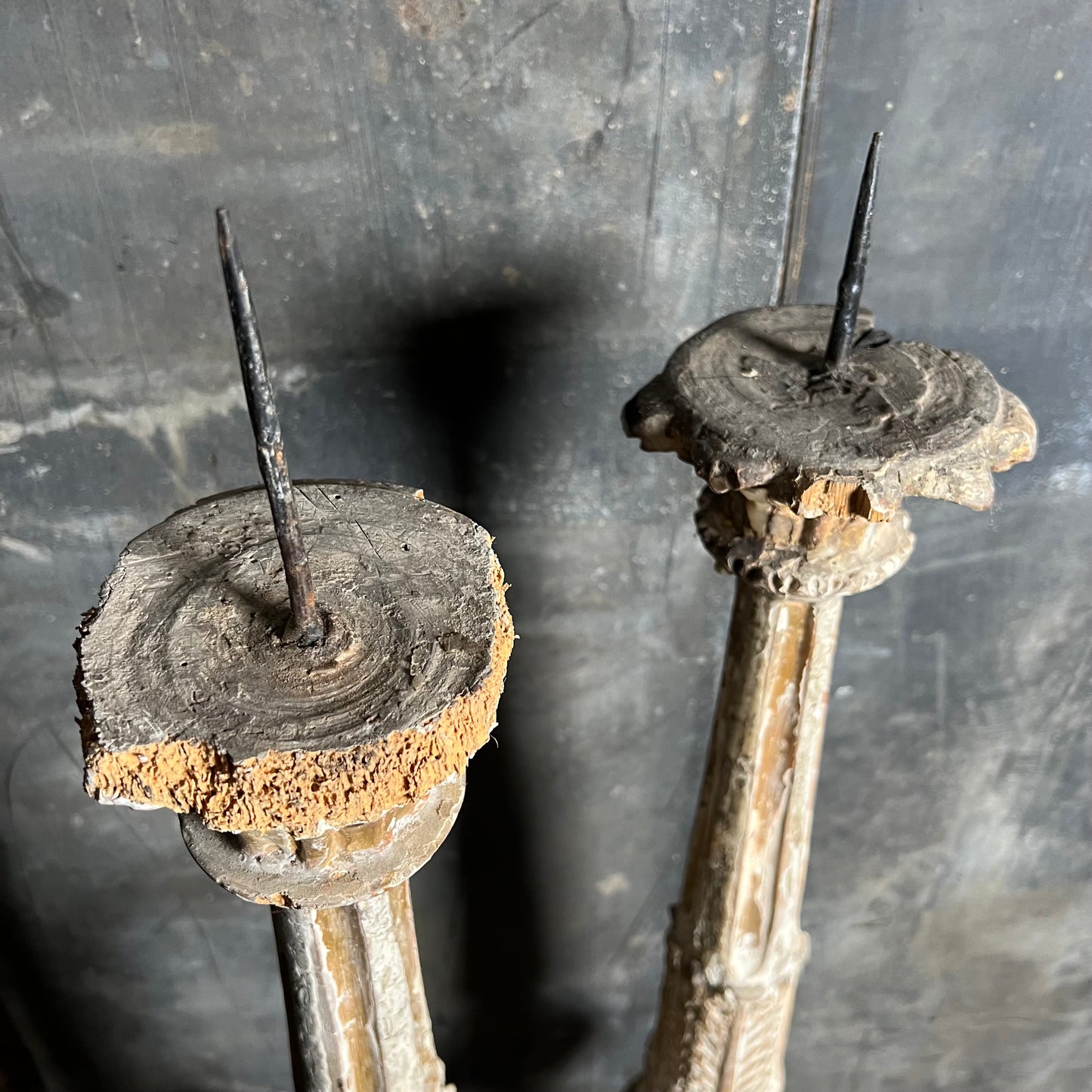 Pair of Tall Carved Painted Italian Altar Candlesticks Late 17th/Early 18th Century