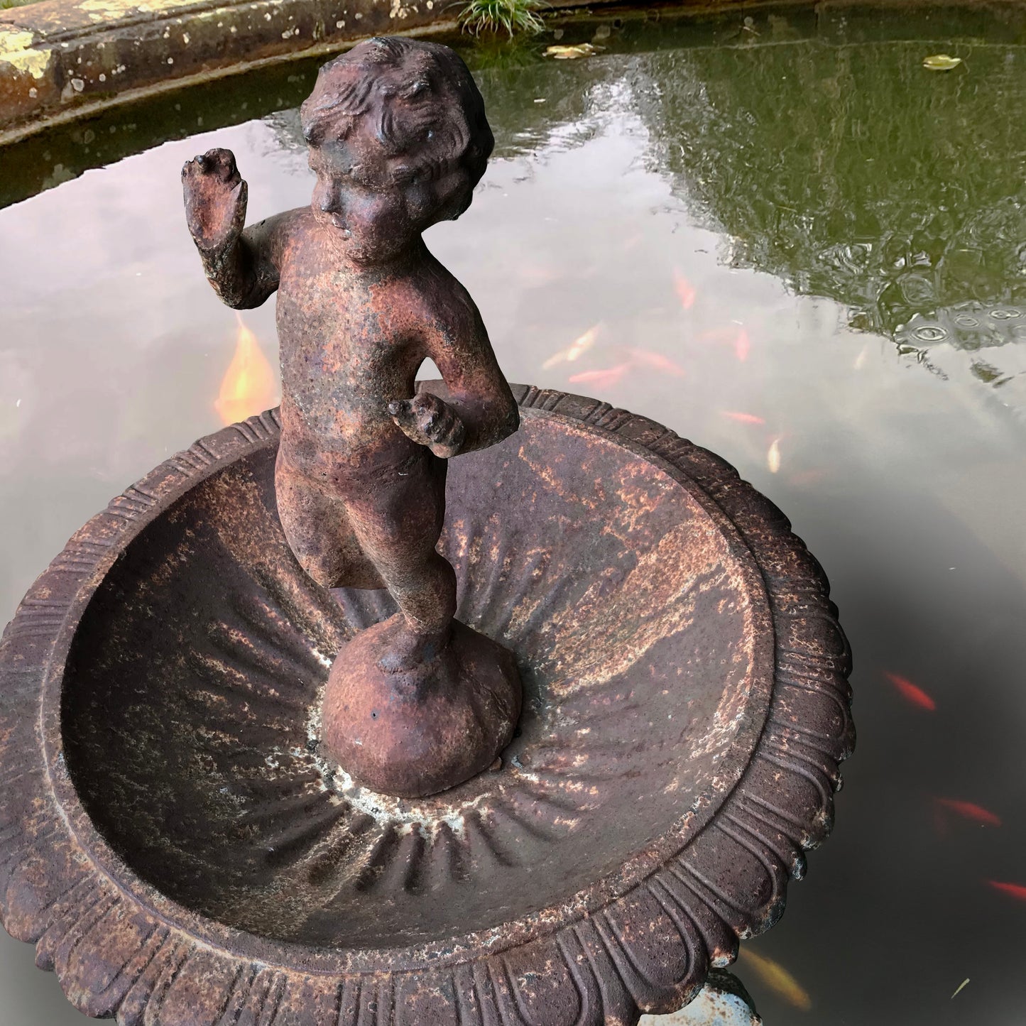 Cast Iron Putti And Dolphin Single Tier Fountain