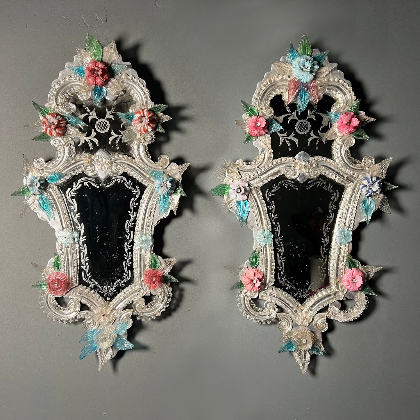 Pair of Italian Venetian Murano Glass Mirrors Early 20th Century