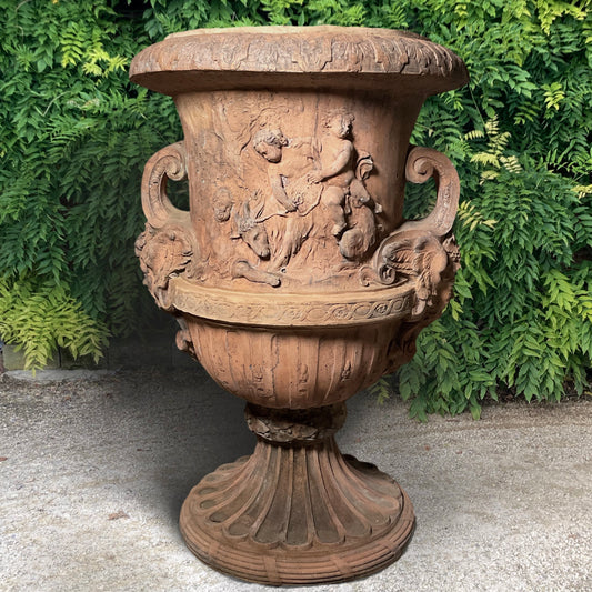 Giant Mythological Terracotta Urn with Winged Satyrs Masks