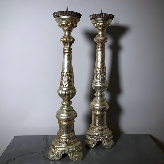 Pair of Early Silver Gilt Italian Candlesticks