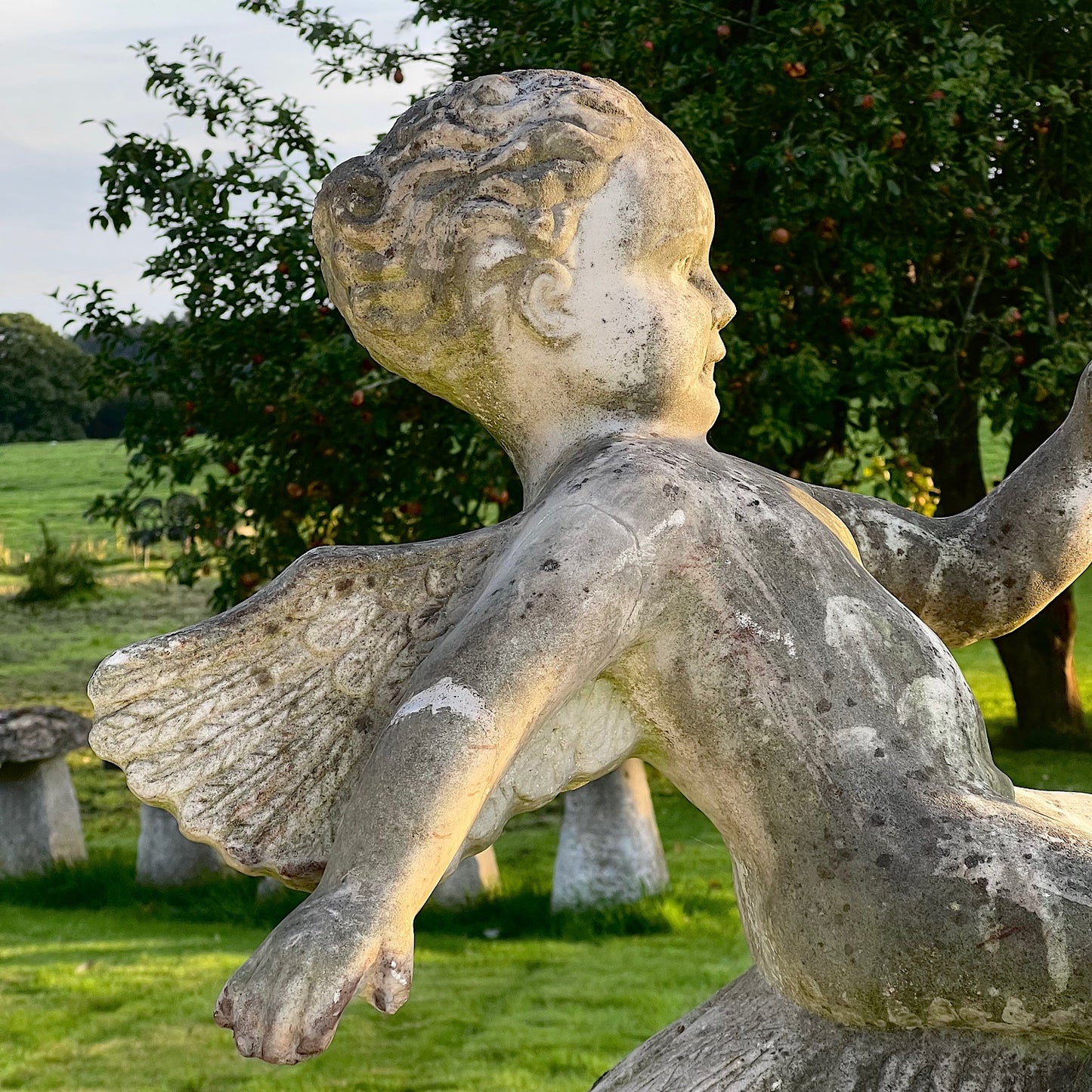 Large Marble Winged Cupid & Stork Statue Mid 20th Century