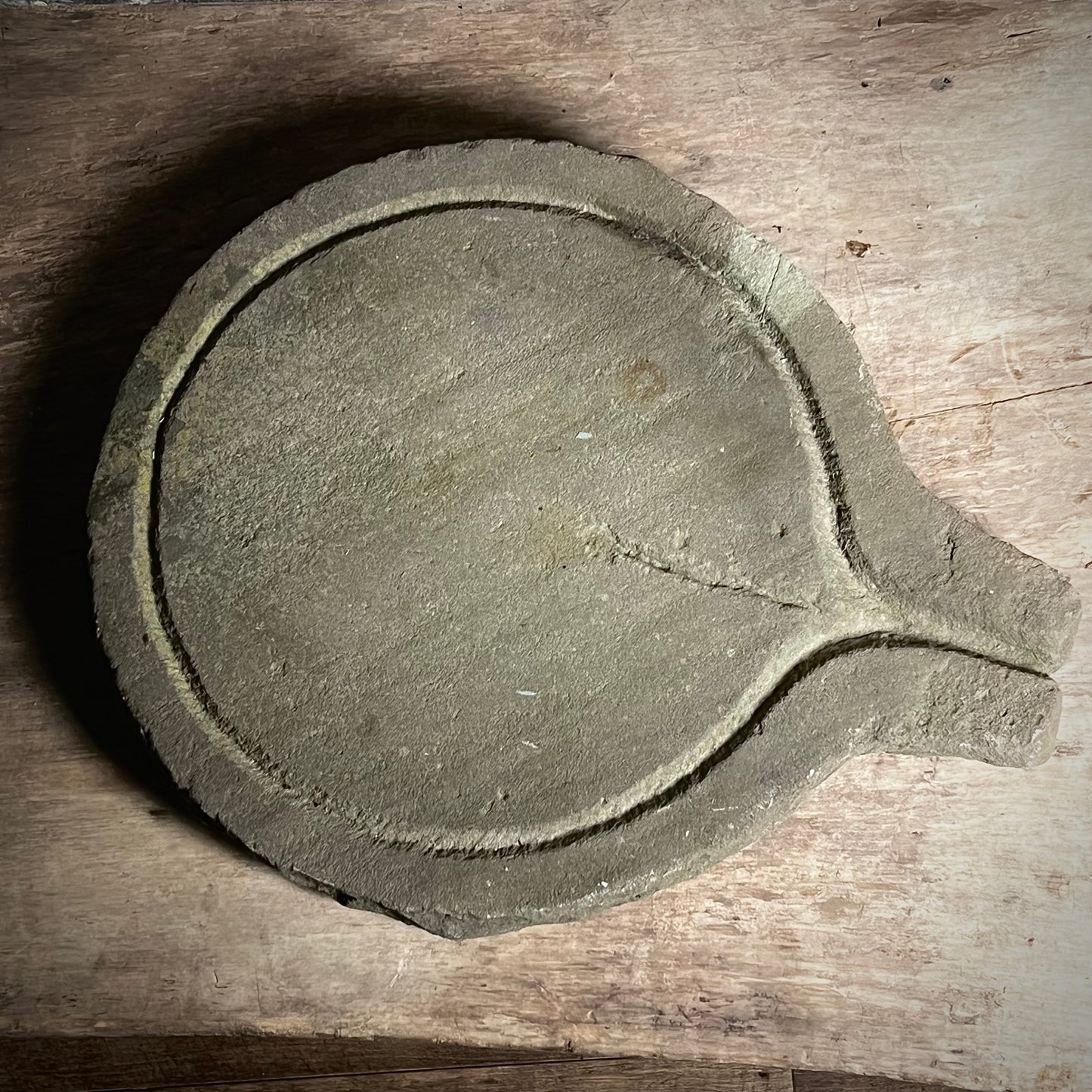 Primitive Carved Stone Cheese Press as Platter c.1880 or earlier