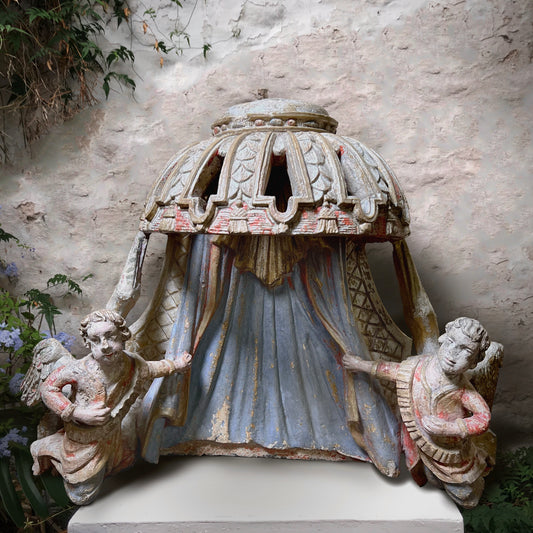 Italian Baroque Carved Stone and Polychrome Tabernacle with Angels c.1630