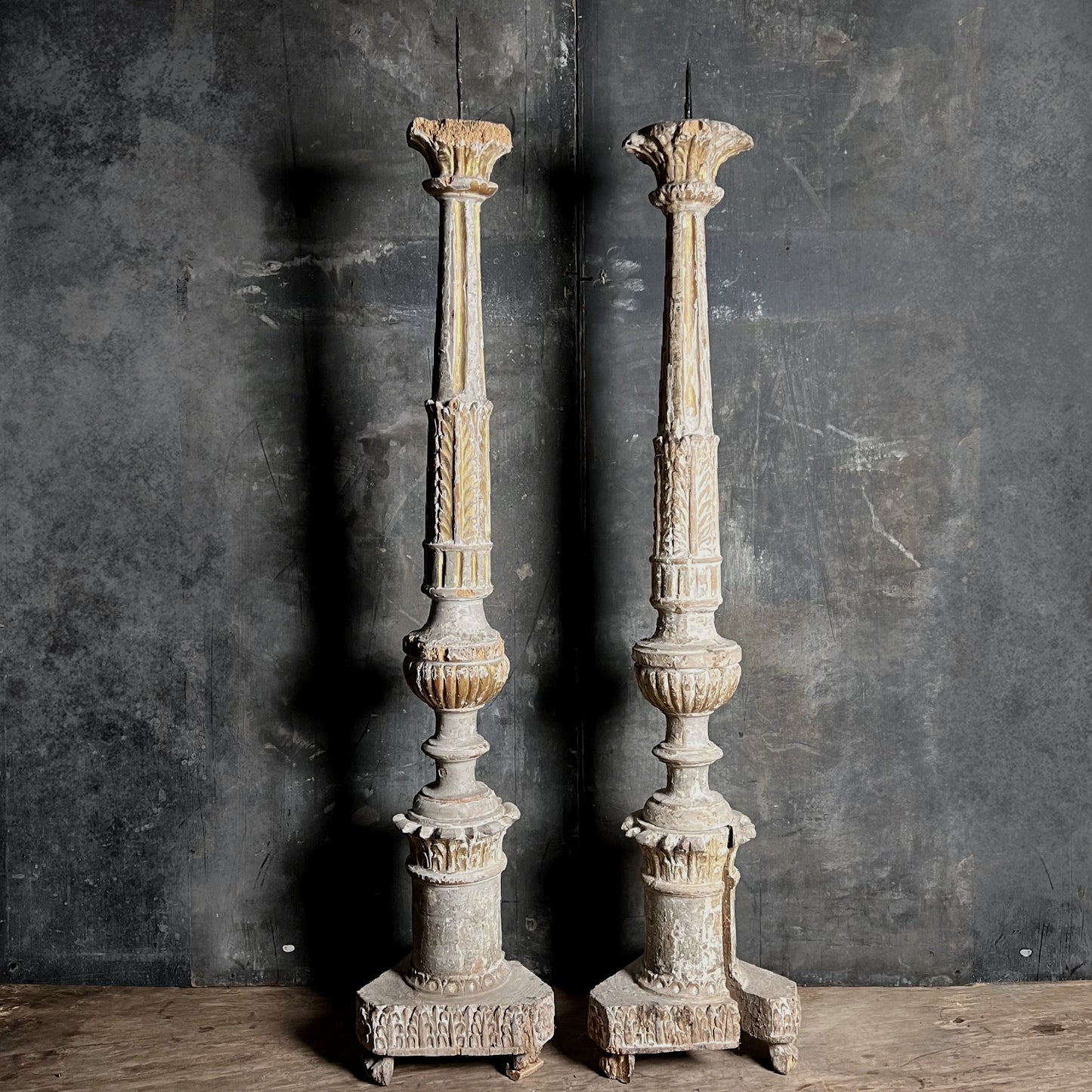 Pair of Tall Carved Painted Italian Altar Candlesticks Late 17th/Early 18th Century