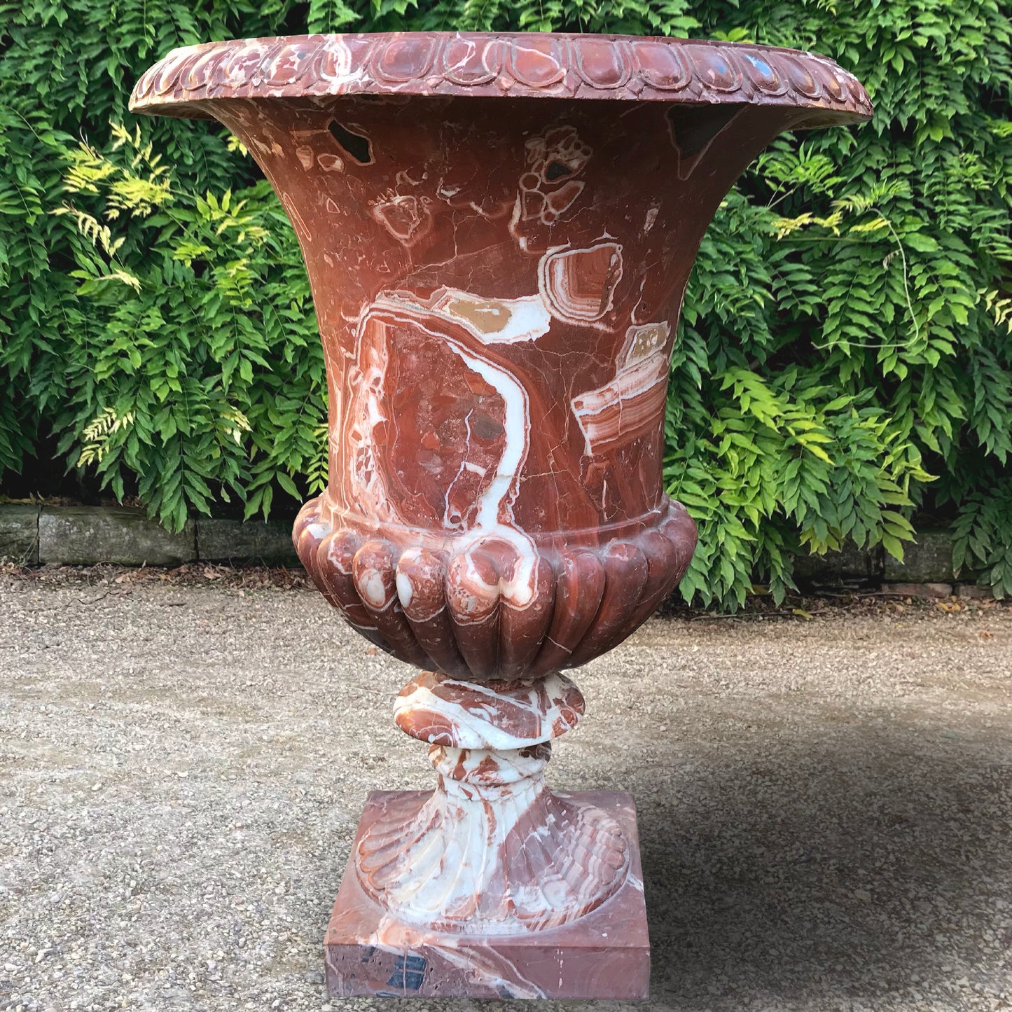 Monumental Italian Rosso Marble Campana Urns with Plinths