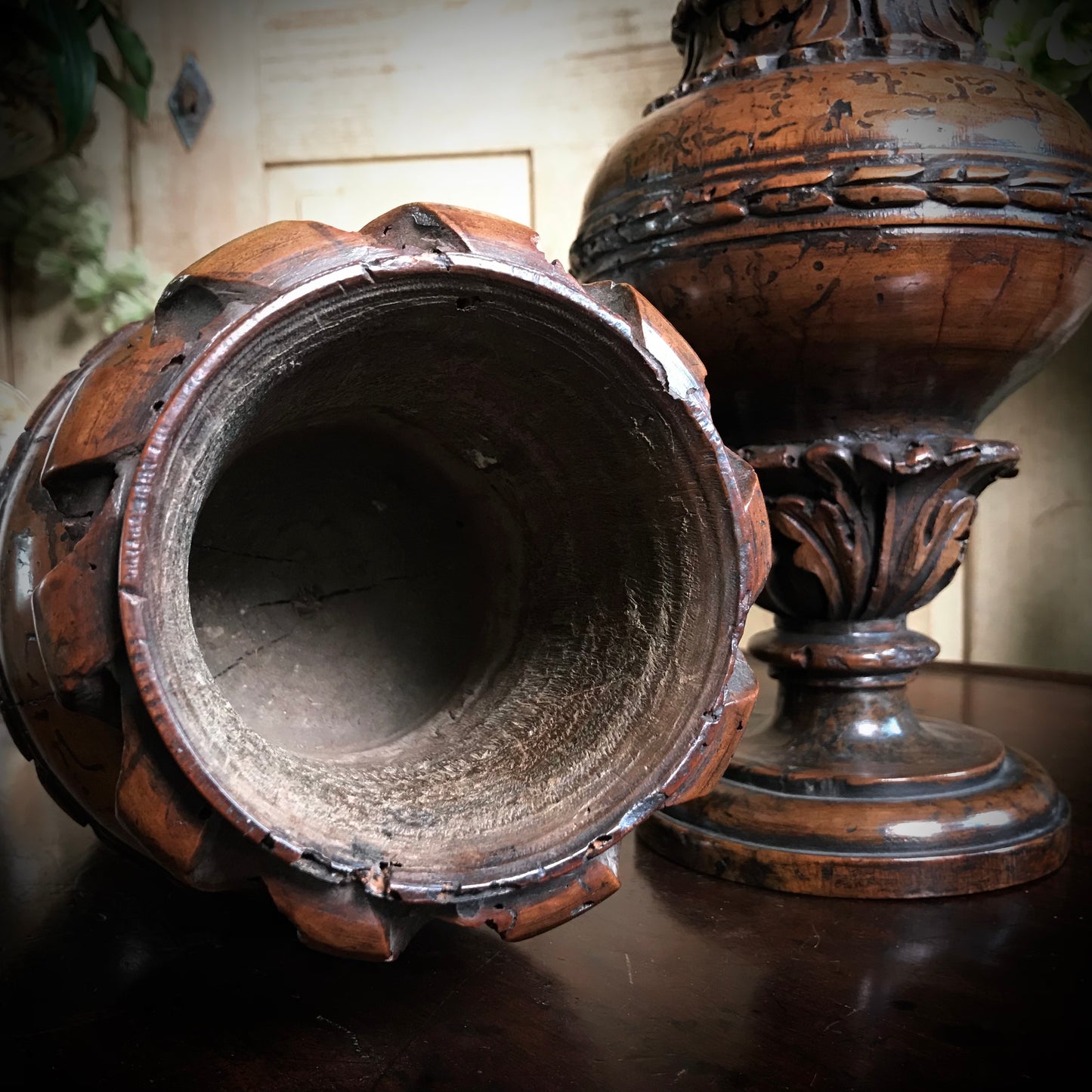 A Pair of Rare 16th Century Italian Renaissance Turned Walnut Altar Vases