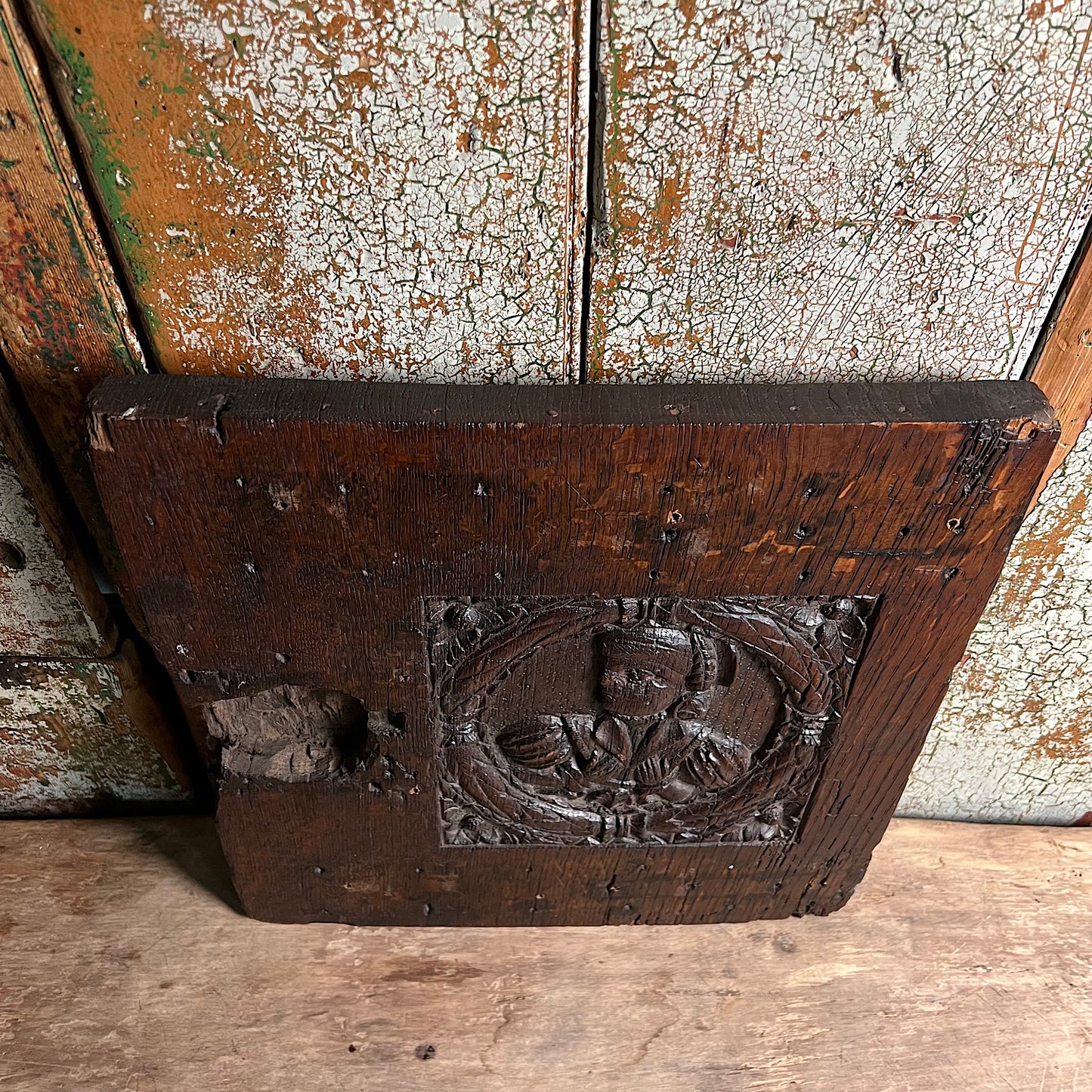 Carved Oak Slab Panel with Romayne Portrait c.1550