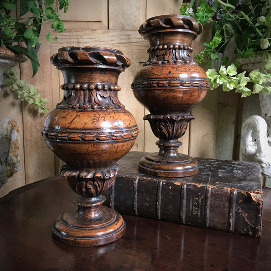 A Pair of Rare 16th Century Italian Renaissance Turned Walnut Altar Vases