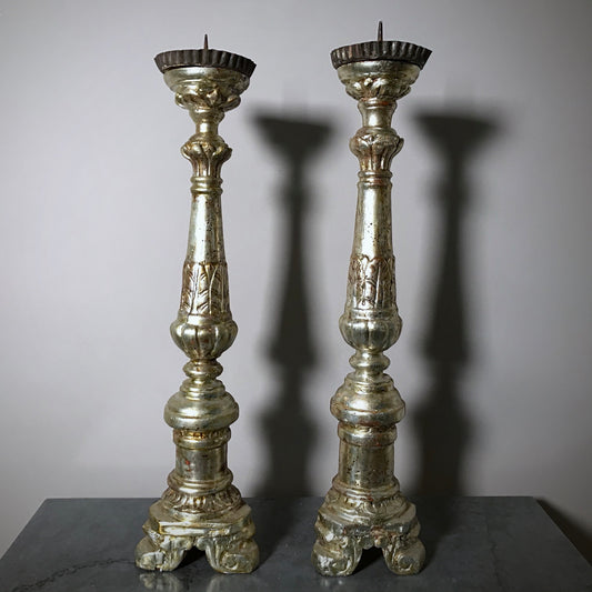 Pair of Early Silver Gilt Italian Candlesticks