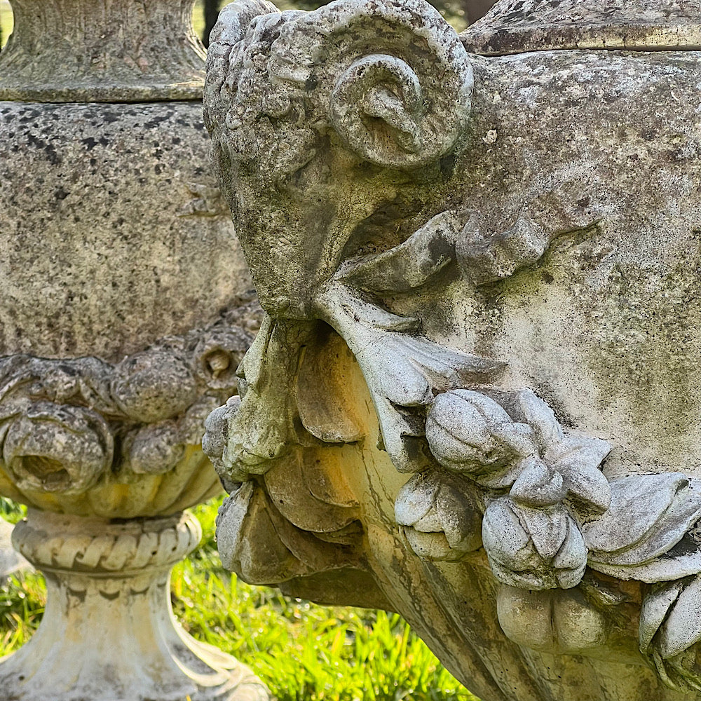 Set of Three Rams Head Urns with Swags