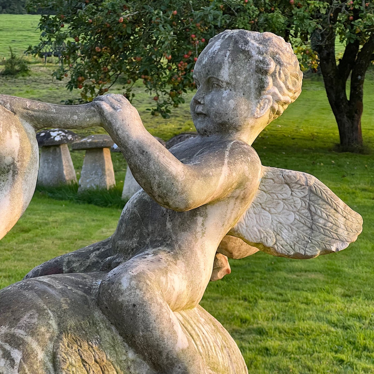 Large Marble Winged Cupid & Stork Statue Mid 20th Century