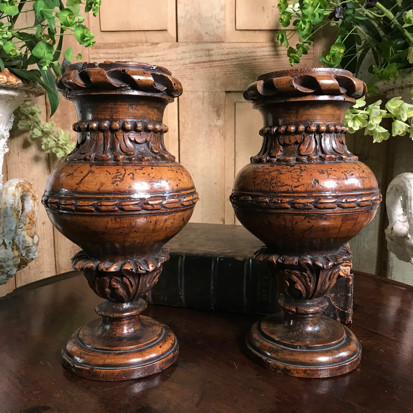 A Pair of Rare 16th Century Italian Renaissance Turned Walnut Altar Vases