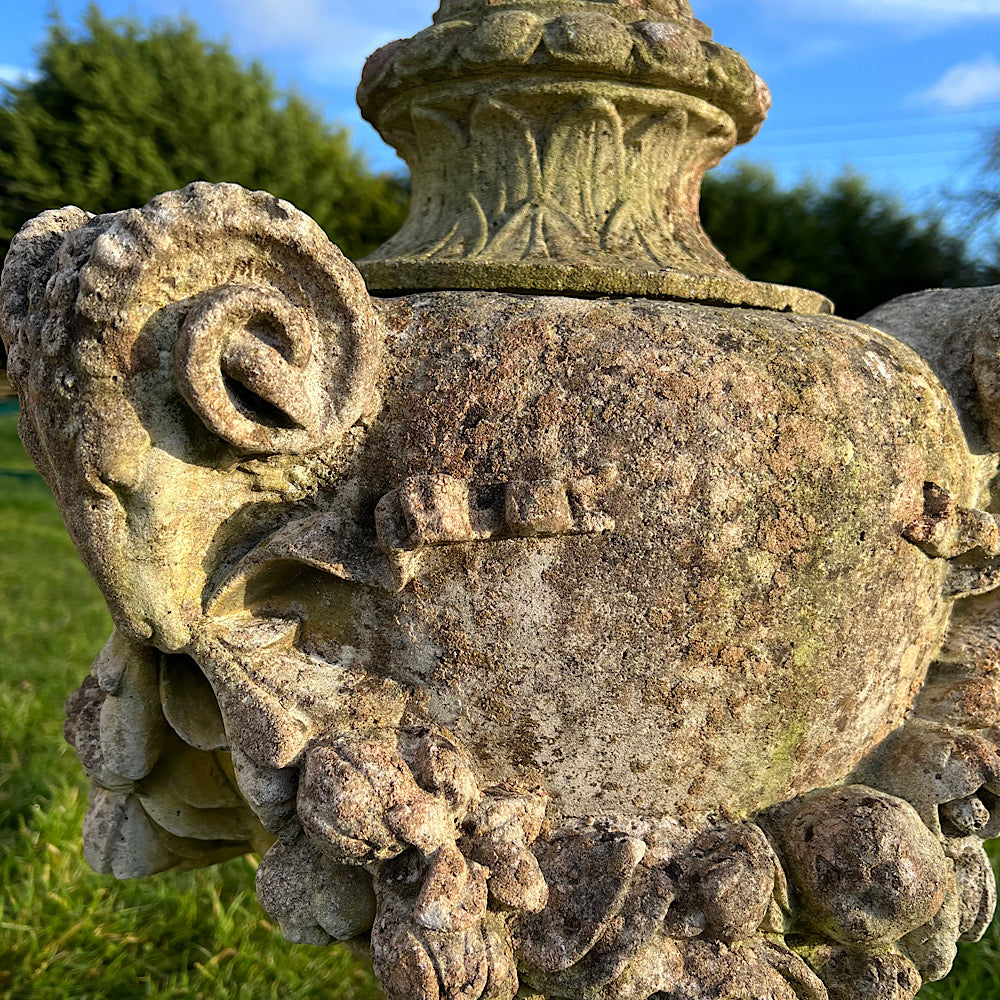 Set of Three Rams Head Urns with Swags