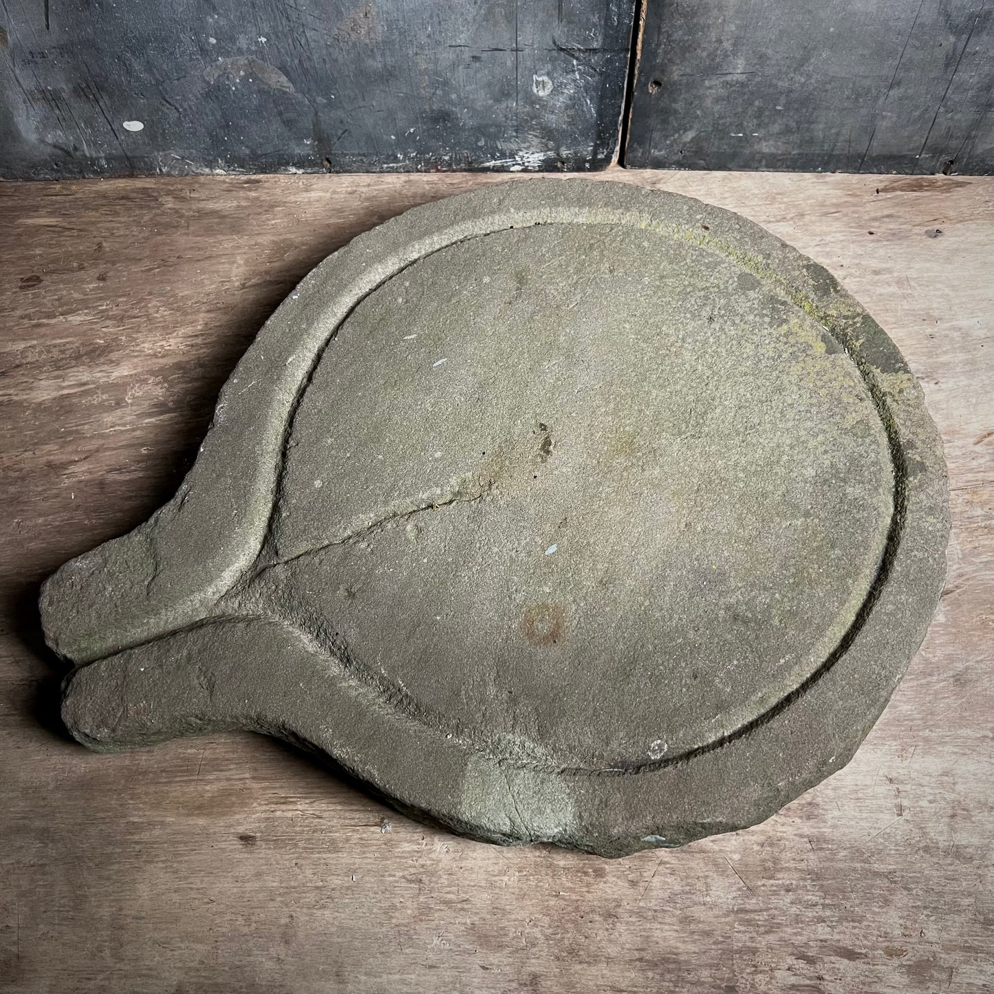 Primitive Carved Stone Cheese Press as Platter c.1880 or earlier