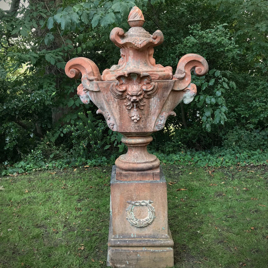 Allegorical Italian Terracotta Urn and Plinth