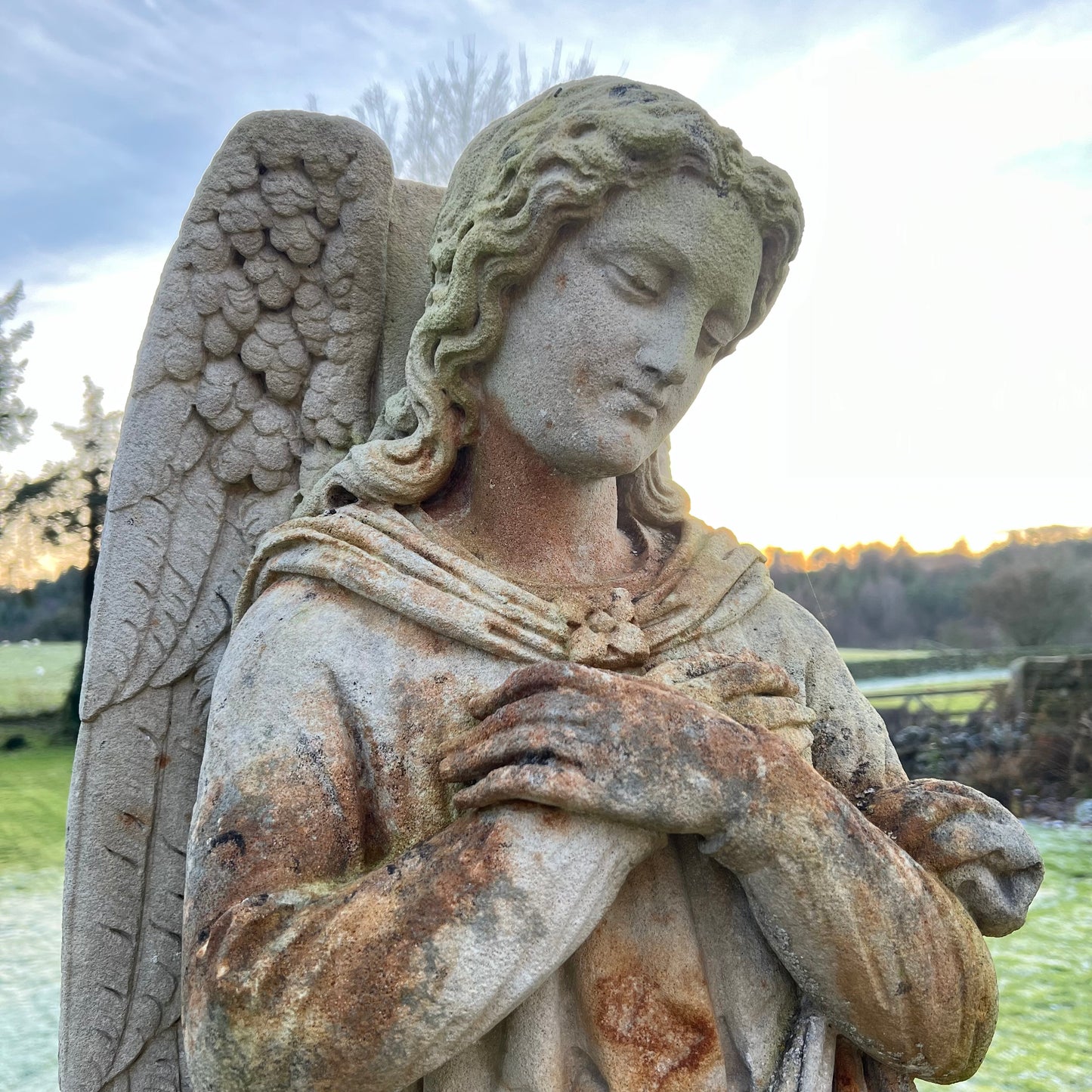 French Limestone Carved Angel Late 19th Century