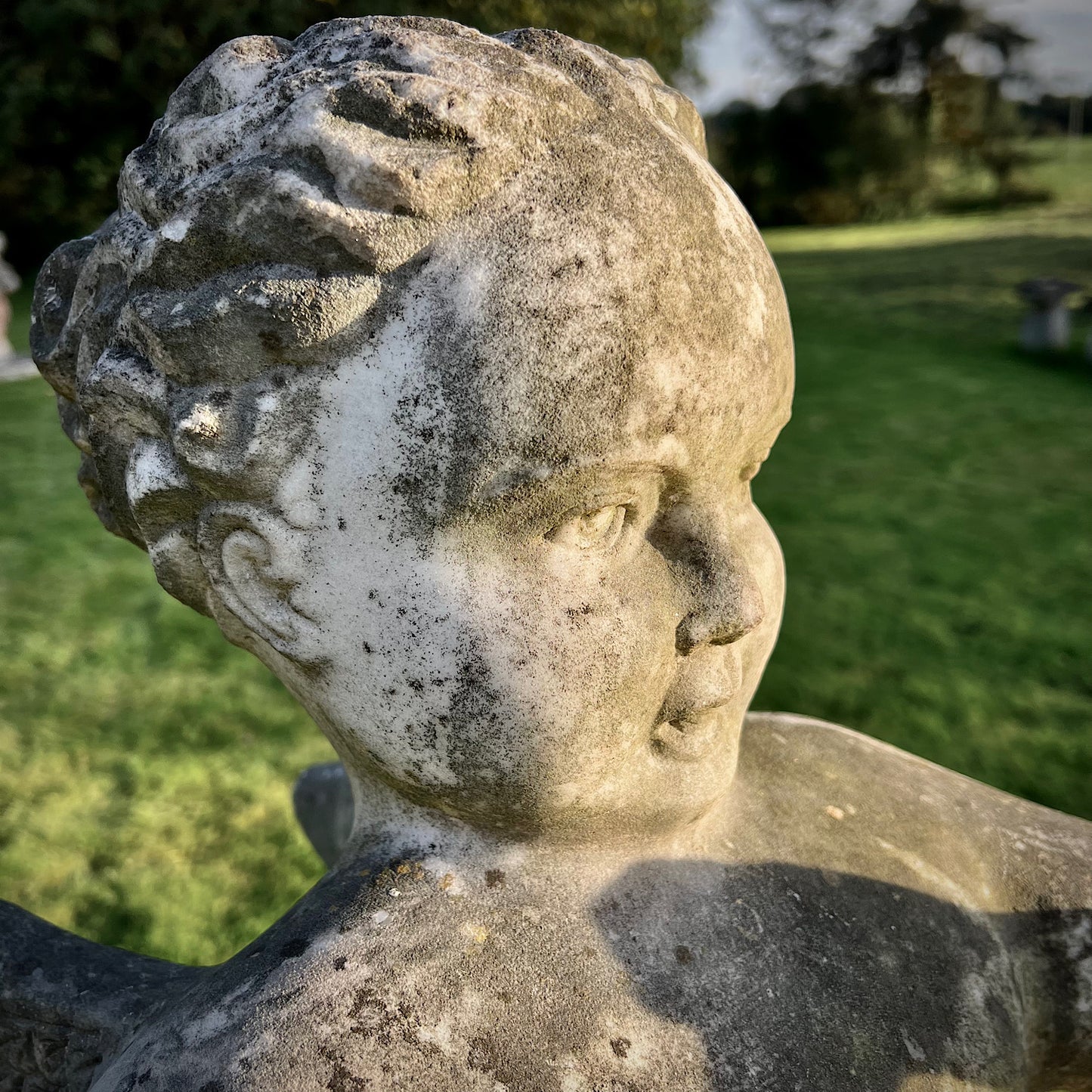 Large Marble Winged Cupid & Stork Statue Mid 20th Century