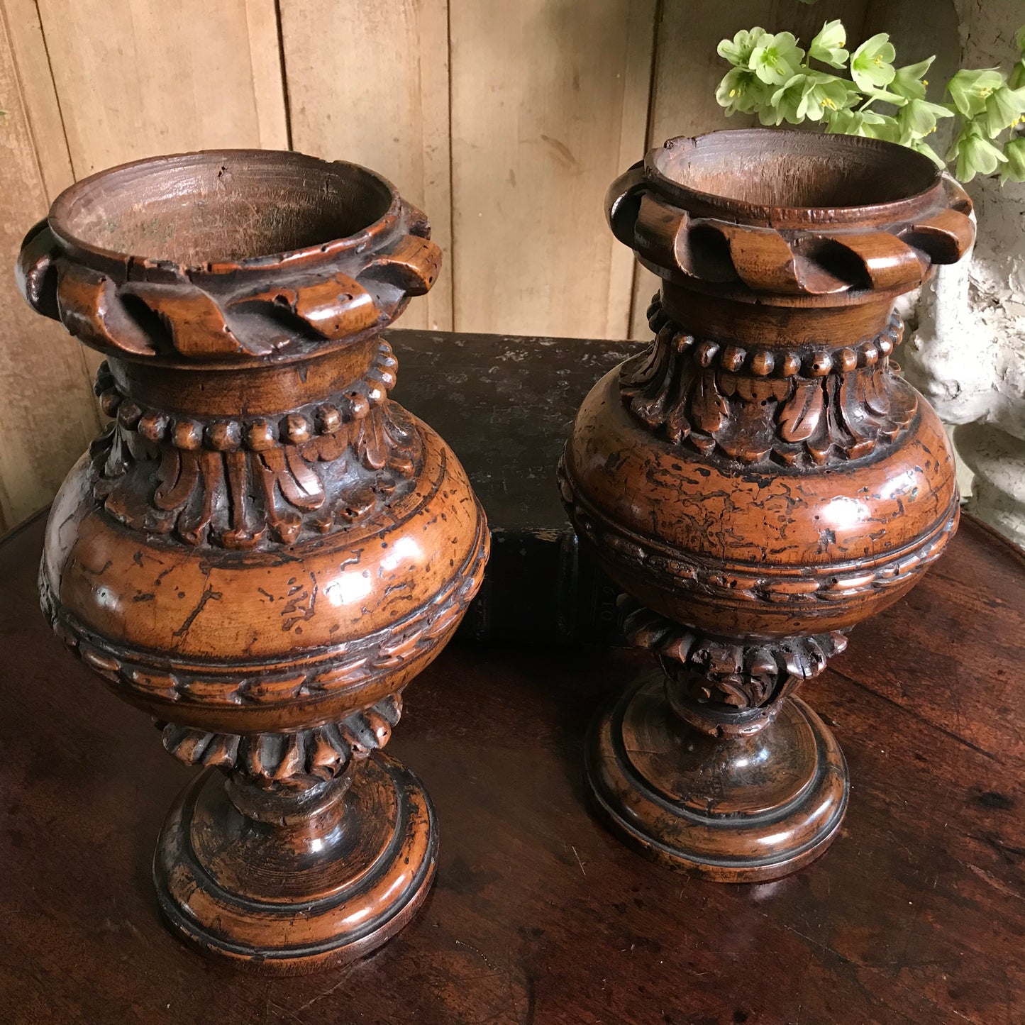 A Pair of Rare 16th Century Italian Renaissance Turned Walnut Altar Vases