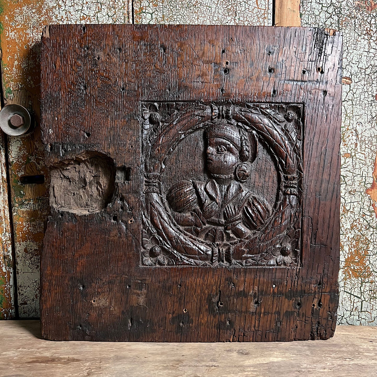 Carved Oak Slab Panel with Romayne Portrait c.1550