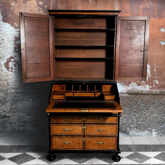 Rare Burr Satin-Birch Bureau Bookcase with Pewter Inlay c.1750