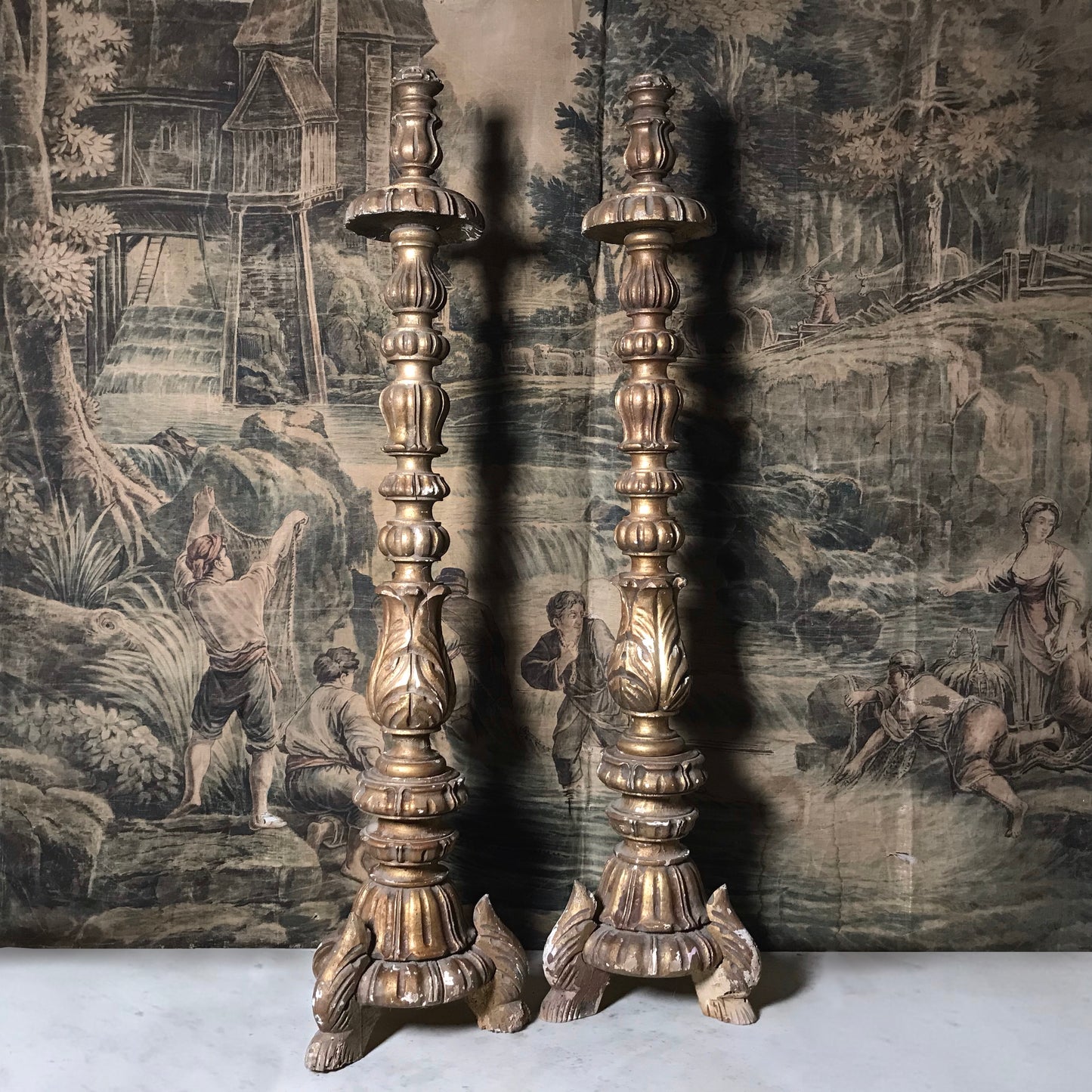 Pair Of Tall Carved Painted Italian Altar Candlesticks Late 17Th