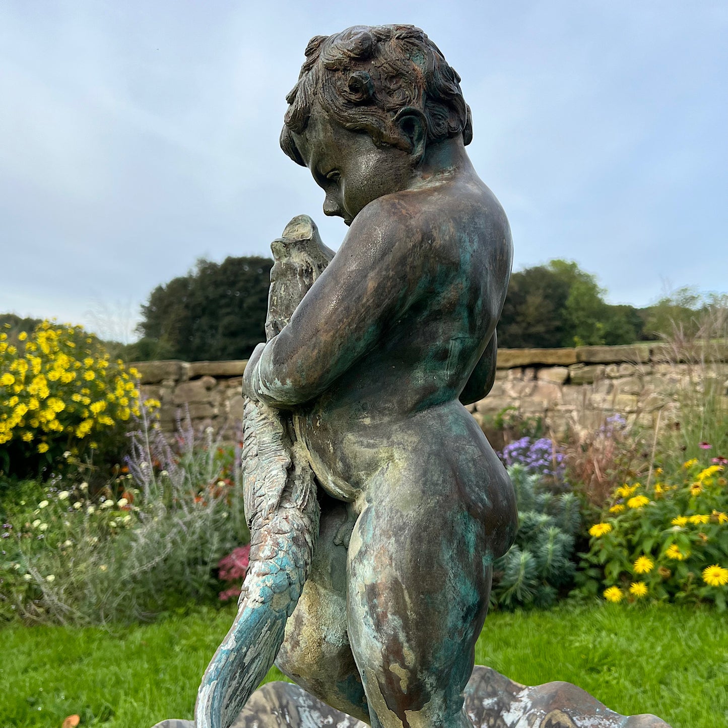 French Bronze Boy Holding Carp Fountain